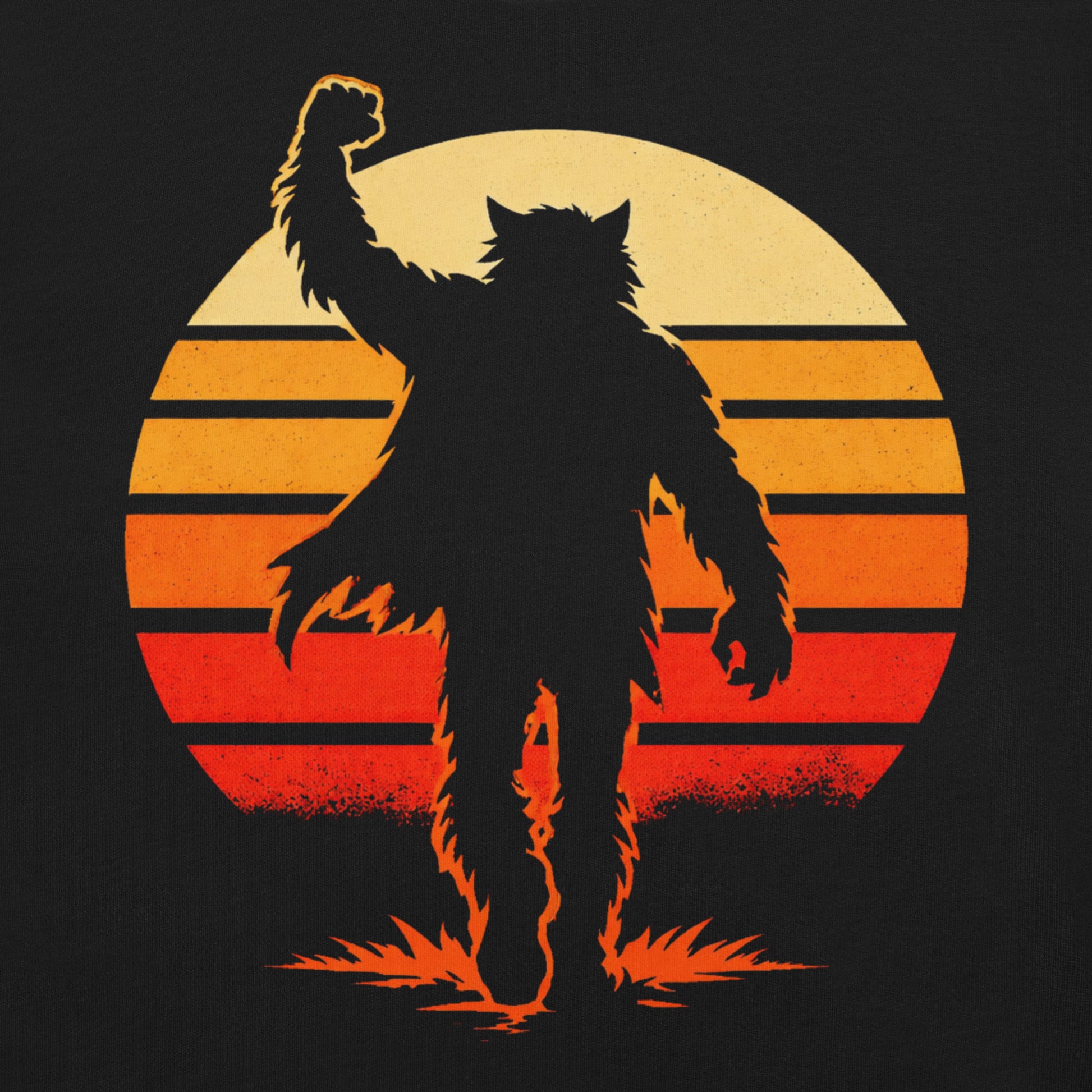 A retro-style graphic t-shirt featuring a werewolf version of Judd Nelson’s character from The Breakfast Club, raising a hairy fist in the air against a vibrant 80s sunburst.