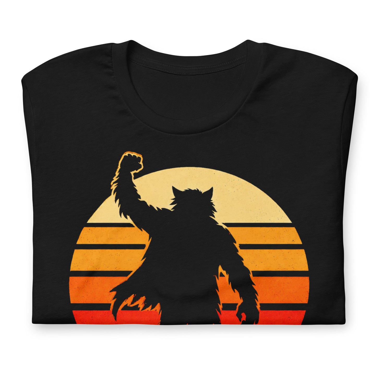 A retro-style graphic t-shirt featuring a werewolf version of Judd Nelson’s character from The Breakfast Club, raising a hairy fist in the air against a vibrant 80s sunburst.