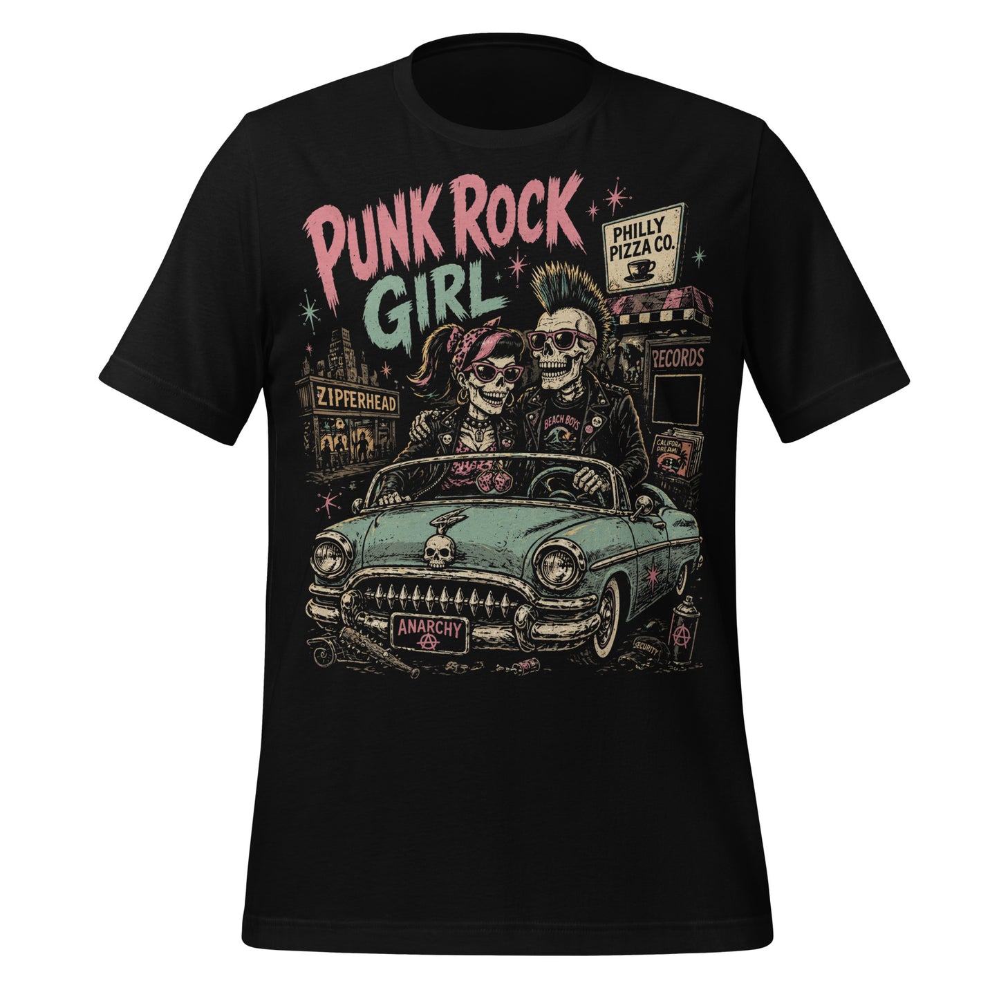 A retro-style graphic on a black t-shirt featuring two skeletons—a male with a mohawk and a female with a pink bow—driving a teal 1955 Chevy past iconic Philadelphia punk landmarks.