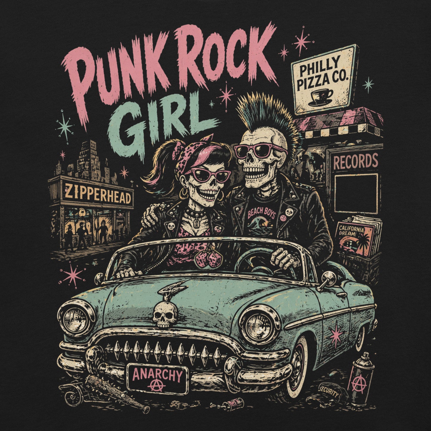 A retro-style graphic on a black t-shirt featuring two skeletons—a male with a mohawk and a female with a pink bow—driving a teal 1955 Chevy past iconic Philadelphia punk landmarks.
