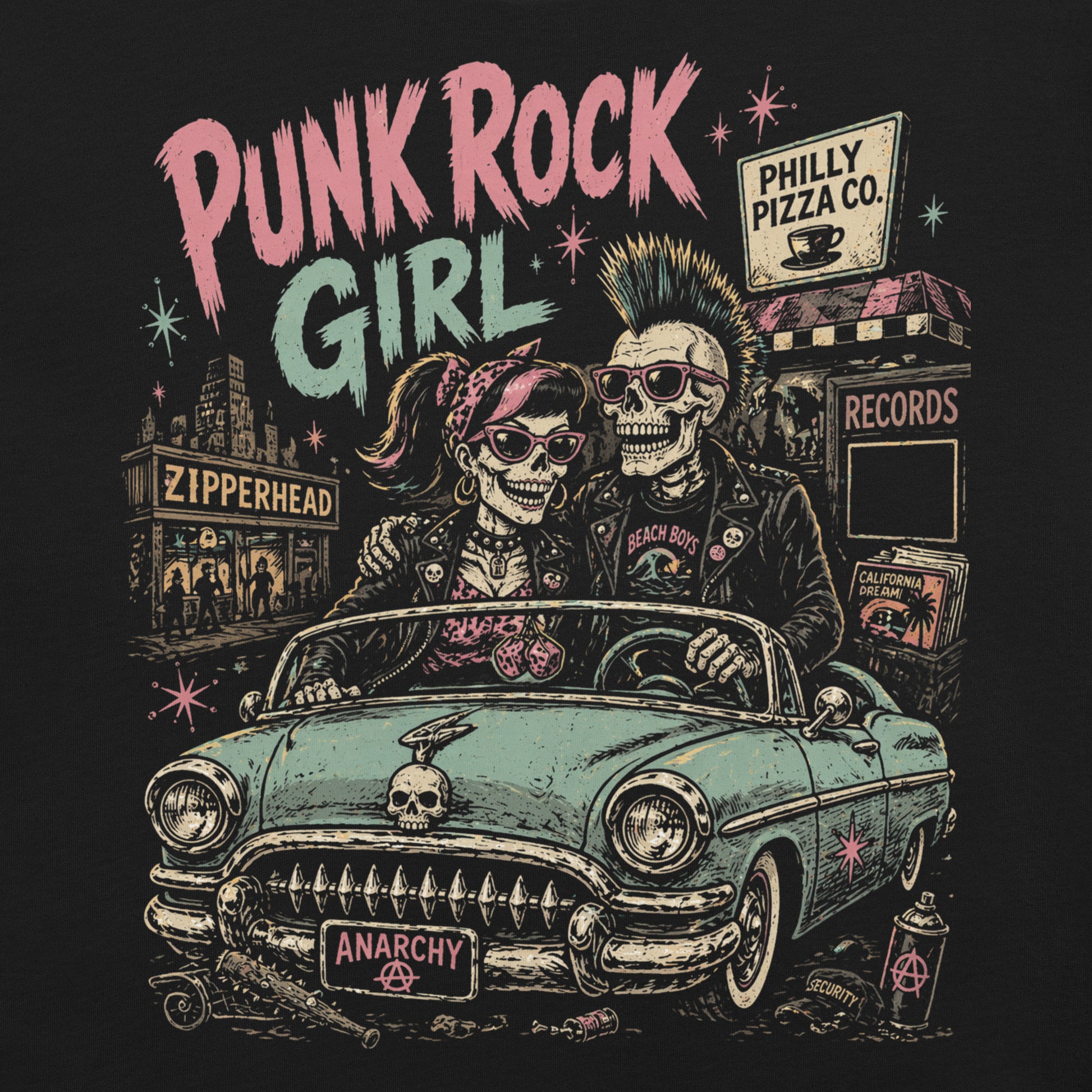A retro-style graphic on a black t-shirt featuring two skeletons—a male with a mohawk and a female with a pink bow—driving a teal 1955 Chevy past iconic Philadelphia punk landmarks.