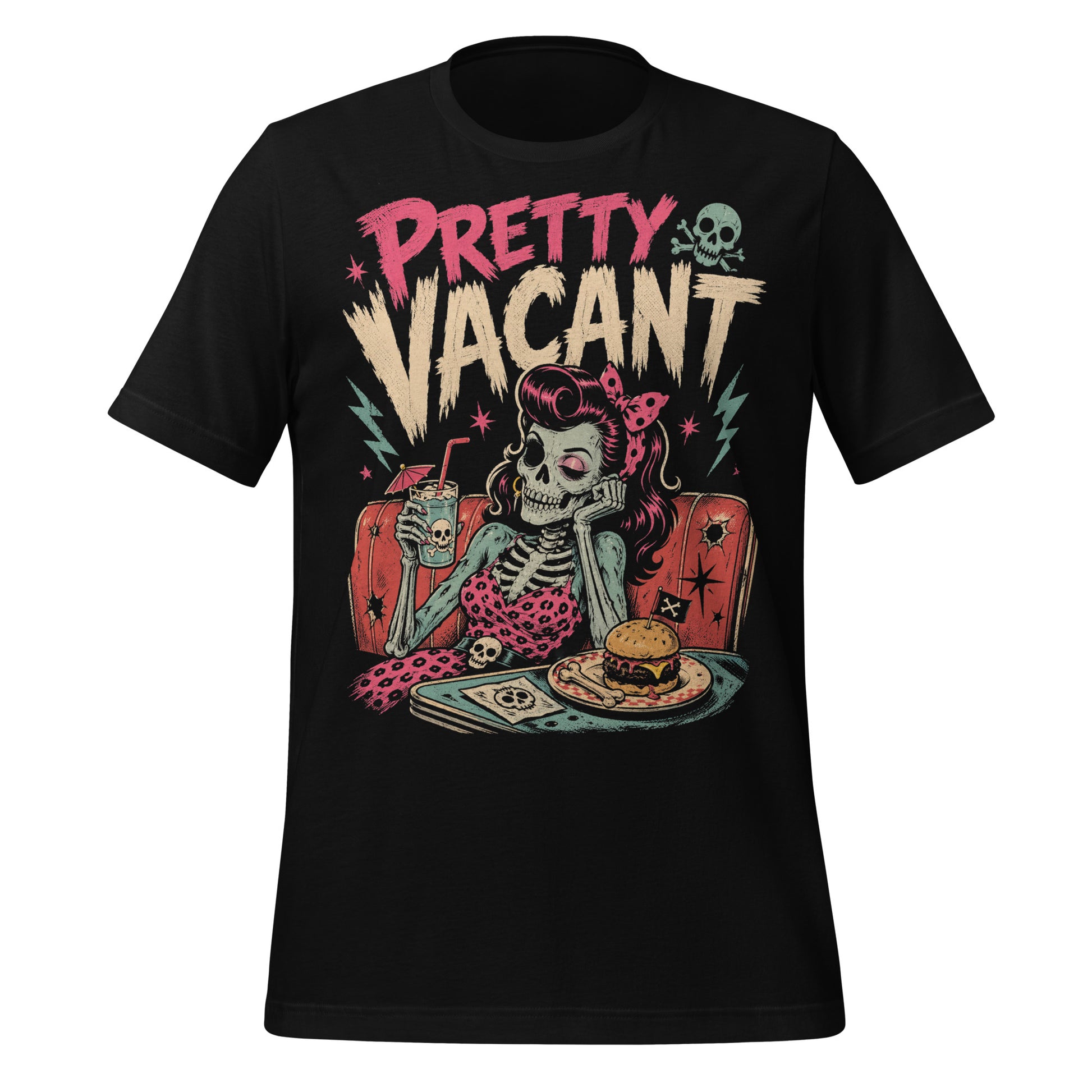 A retro-style graphic on a black t-shirt of a female skeleton pinup with pink hair in a diner booth, holding a skull-themed milkshake next to a burger with a crossbones flag.