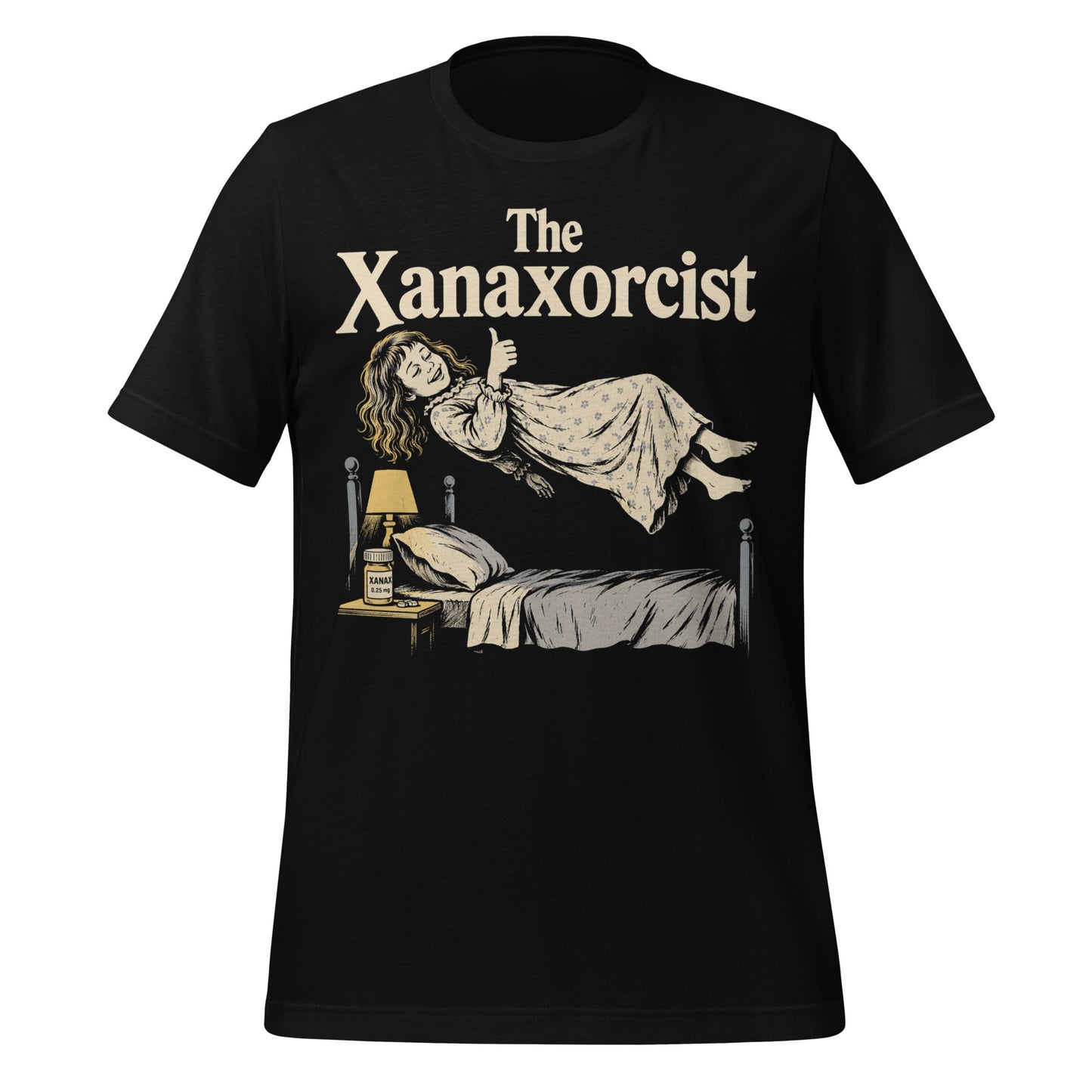 A retro horror-style graphic t-shirt featuring "The Xanaxorcist" in classic cinematic lettering with a stylized, eerie parody of the iconic exorcism scene.