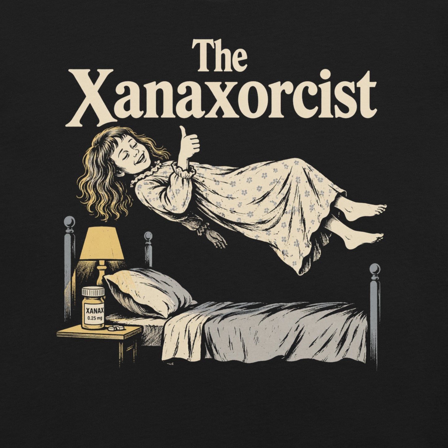 A retro horror-style graphic t-shirt featuring "The Xanaxorcist" in classic cinematic lettering with a stylized, eerie parody of the iconic exorcism scene.