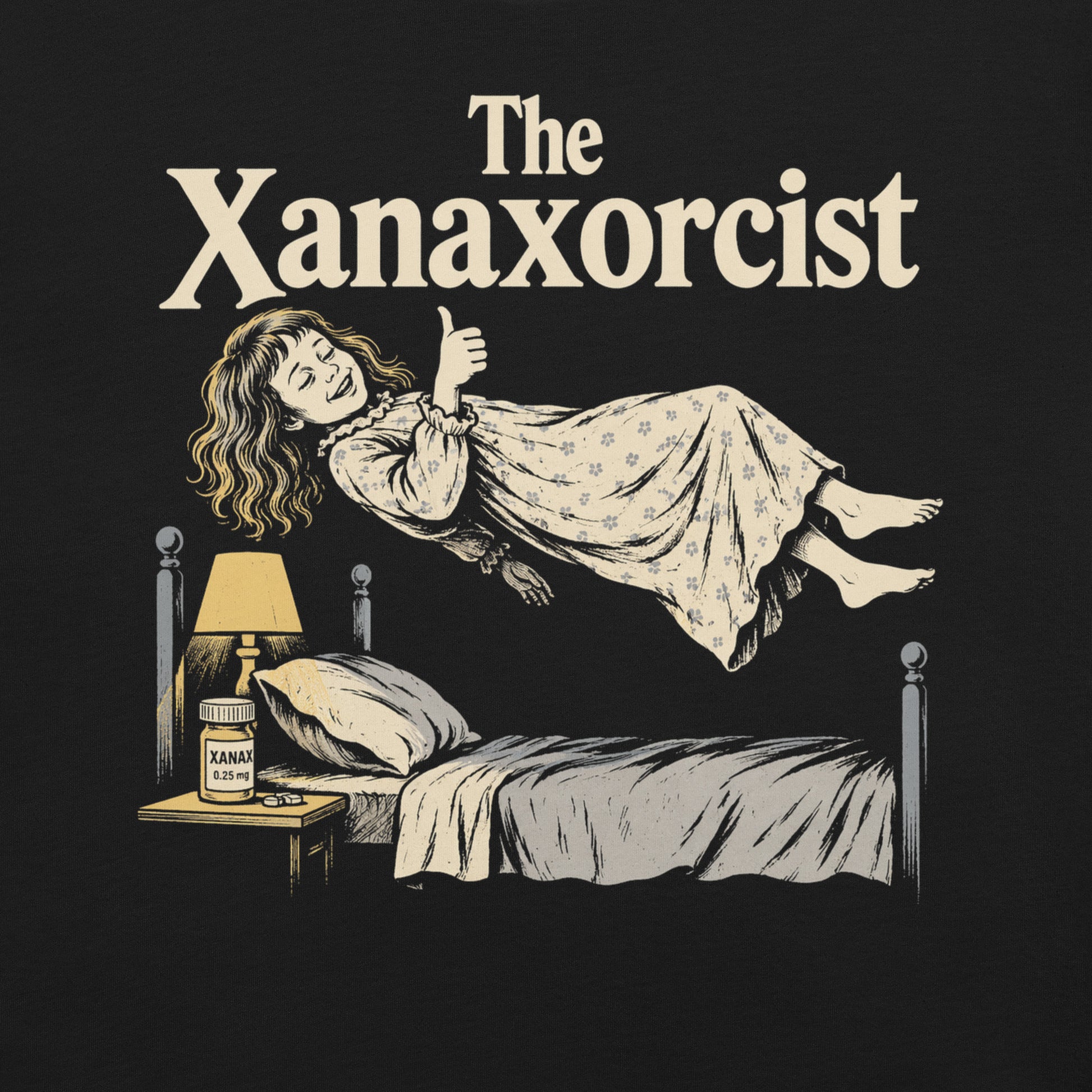 A retro horror-style graphic t-shirt featuring "The Xanaxorcist" in classic cinematic lettering with a stylized, eerie parody of the iconic exorcism scene.