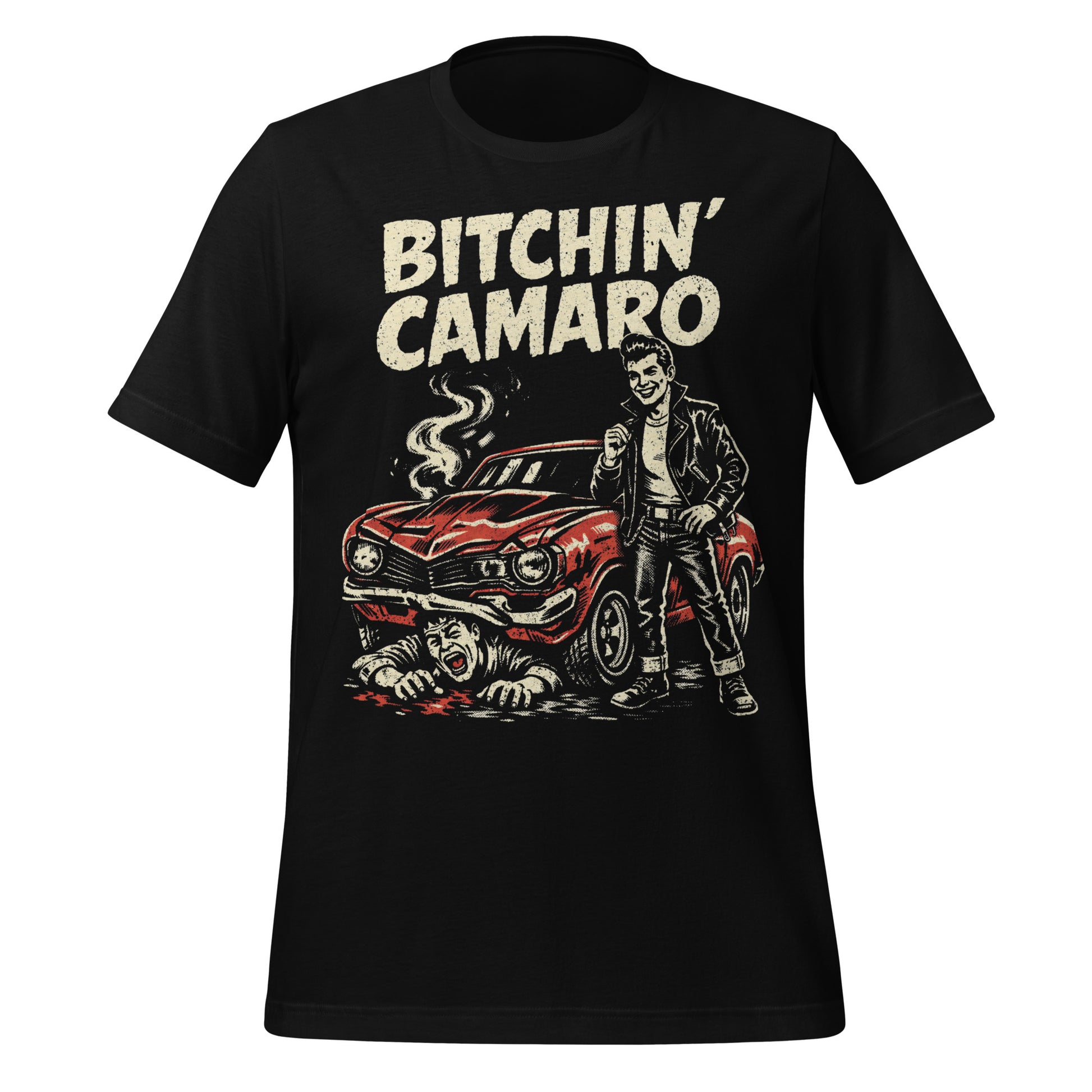 A retro-style graphic t-shirt featuring a stylized vintage Camaro muscle car with "Bitchin Camaro" in bold, distressed punk-rock lettering.