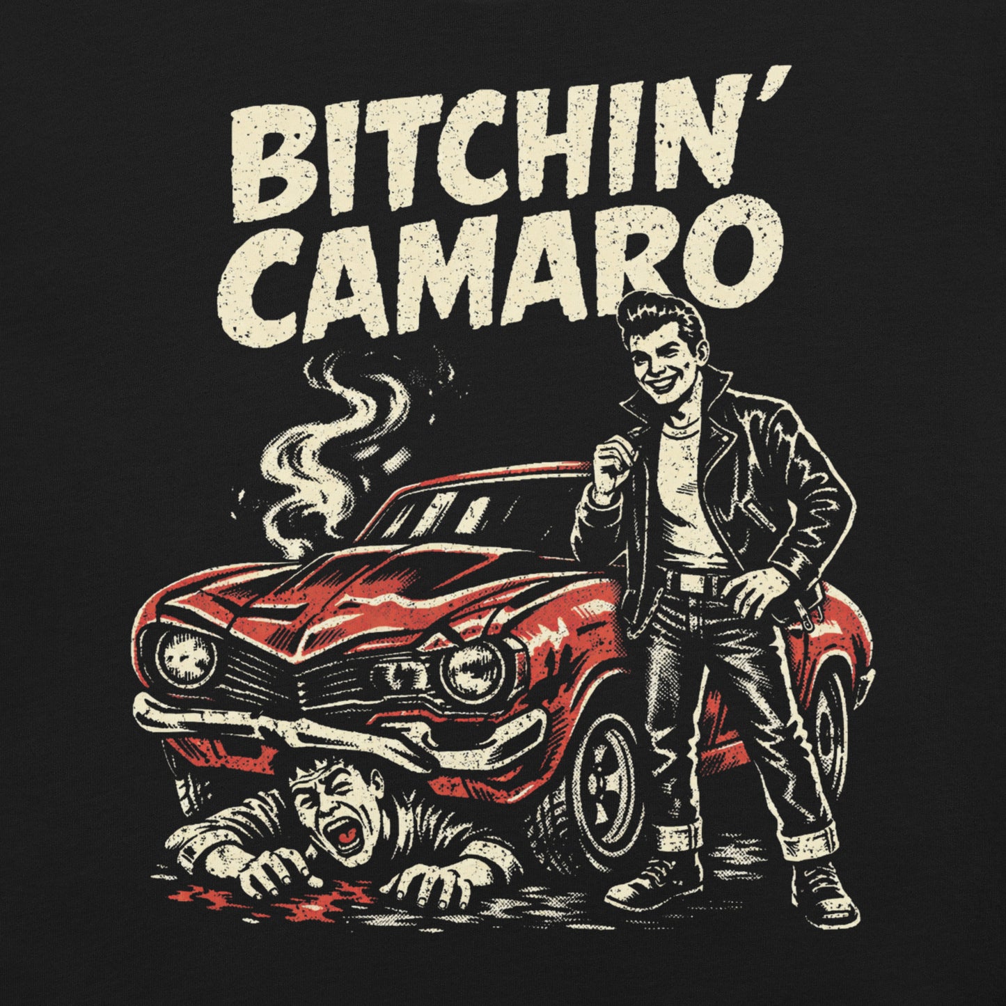 A retro-style graphic t-shirt featuring a stylized vintage Camaro muscle car with "Bitchin Camaro" in bold, distressed punk-rock lettering.