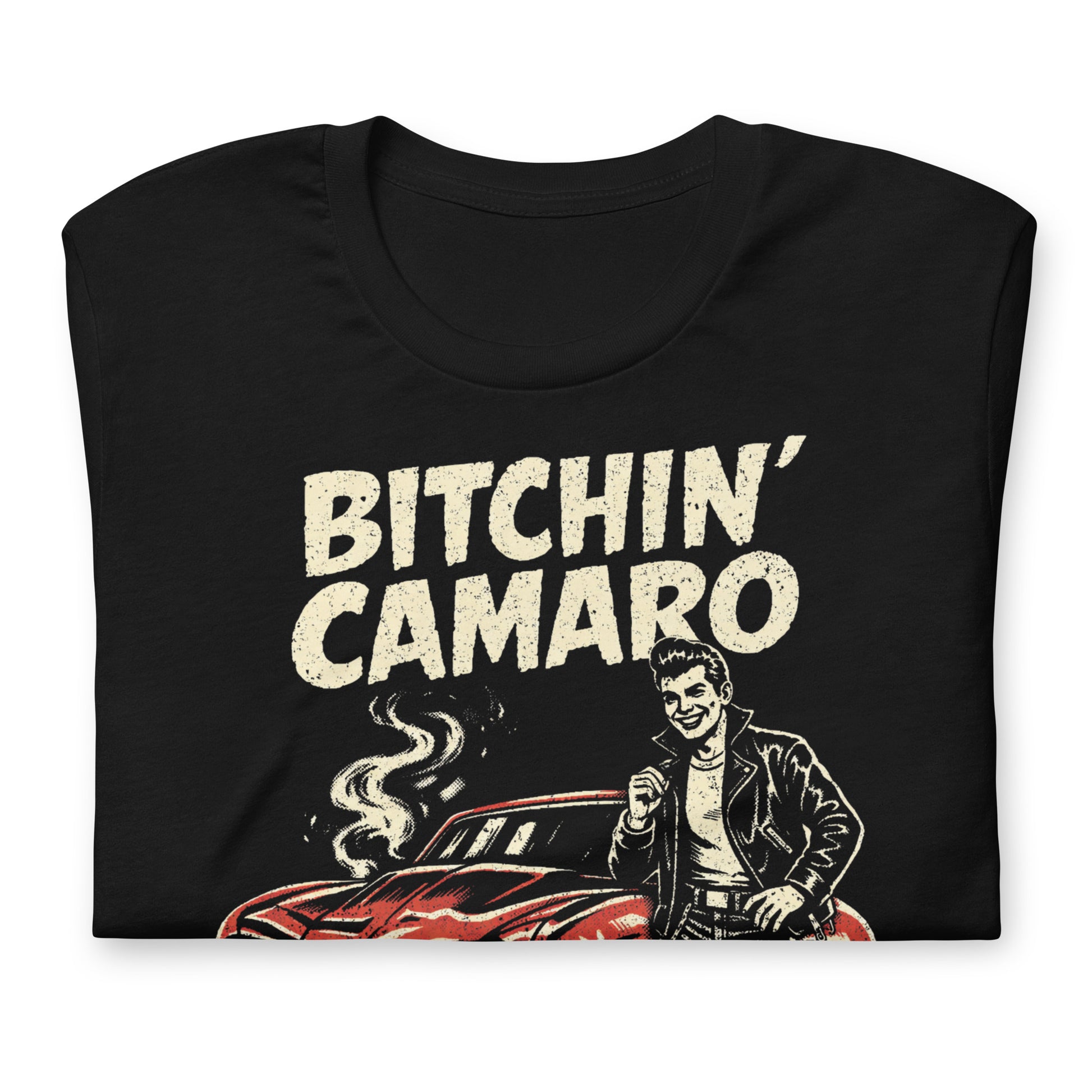 A retro-style graphic t-shirt featuring a stylized vintage Camaro muscle car with "Bitchin Camaro" in bold, distressed punk-rock lettering.