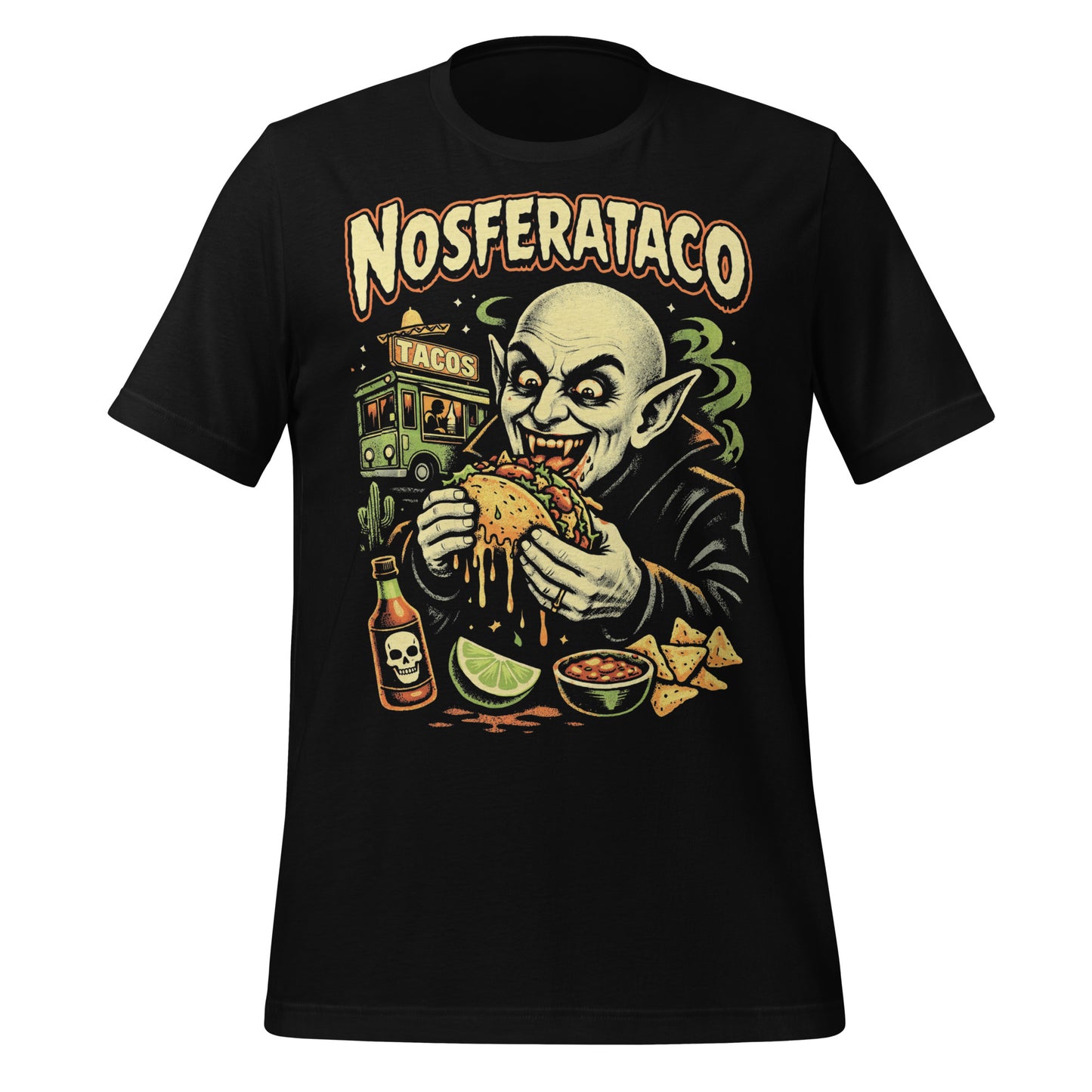 A retro horror-style graphic t-shirt featuring the vampire Nosferatu holding a taco, with "Nosferataco" in stylized, campy cinematic lettering.