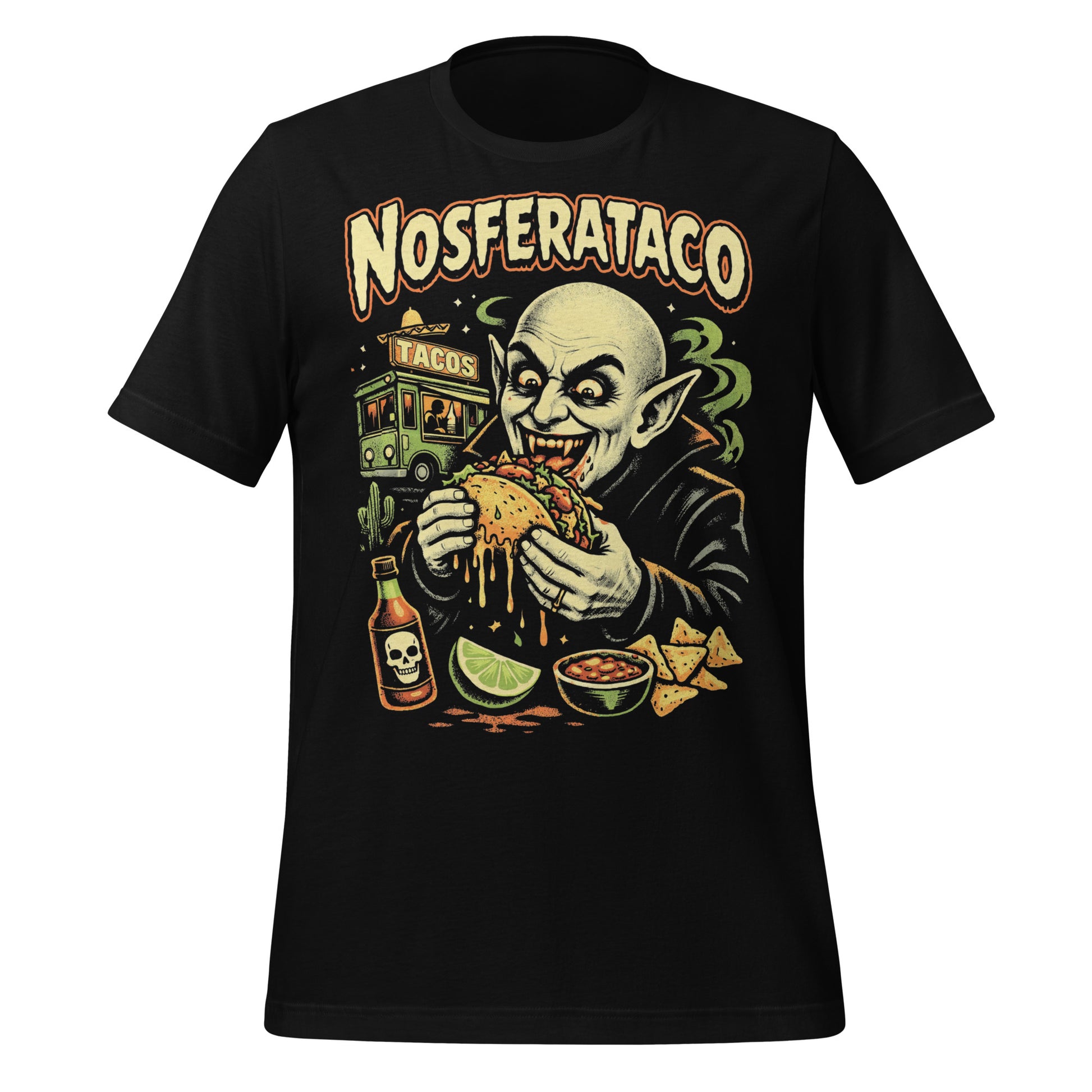A retro horror-style graphic t-shirt featuring the vampire Nosferatu holding a taco, with "Nosferataco" in stylized, campy cinematic lettering.
