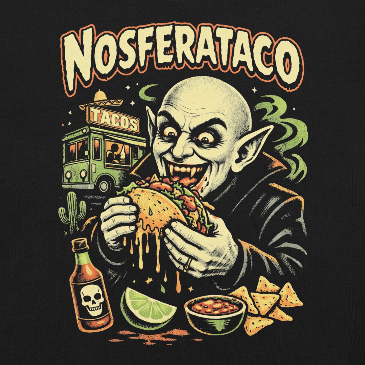 A retro horror-style graphic t-shirt featuring the vampire Nosferatu holding a taco, with "Nosferataco" in stylized, campy cinematic lettering.