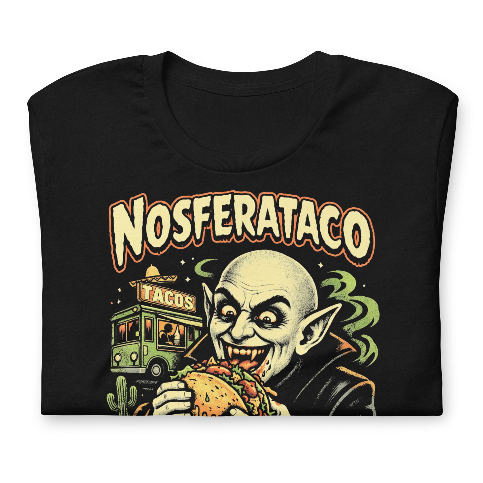 A retro horror-style graphic t-shirt featuring the vampire Nosferatu holding a taco, with "Nosferataco" in stylized, campy cinematic lettering.