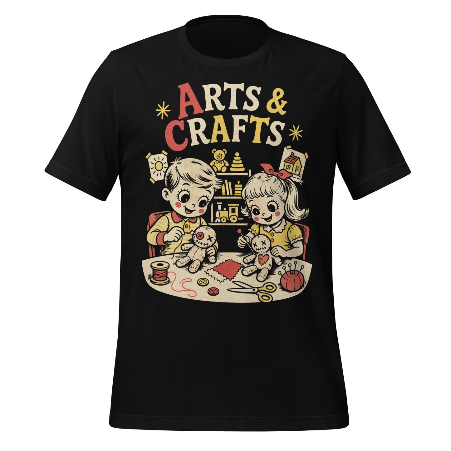 A retro-style graphic t-shirt featuring a creepy-cute voodoo doll with "Arts & Crafts" in stylized, vintage-inspired lettering, perfect for dark humor and goth fans.