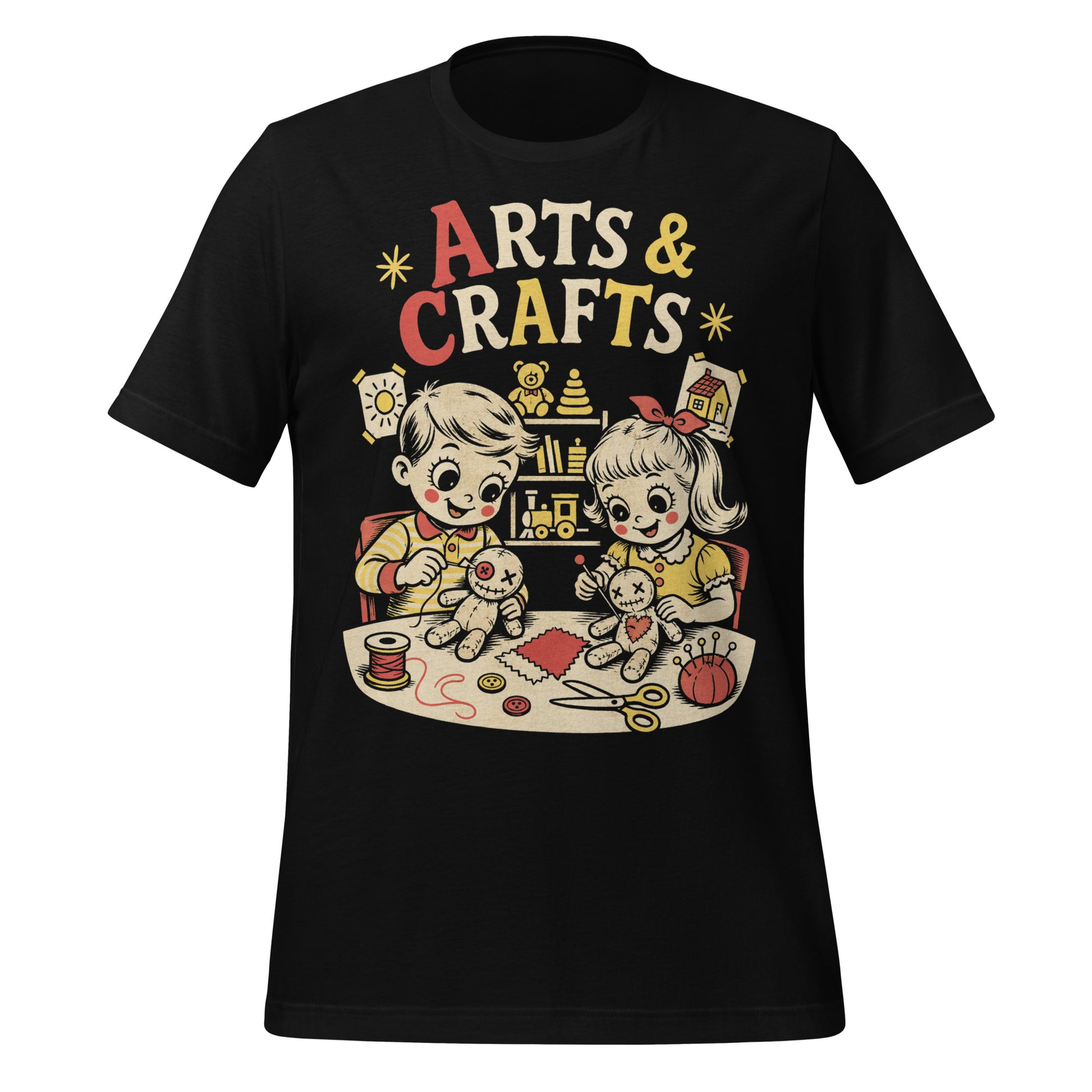 A retro-style graphic t-shirt featuring a creepy-cute voodoo doll with "Arts & Crafts" in stylized, vintage-inspired lettering, perfect for dark humor and goth fans.