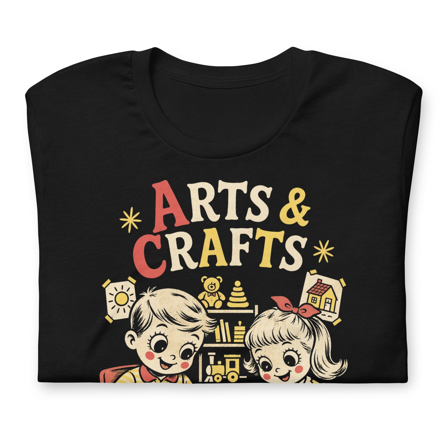 A retro-style graphic t-shirt featuring a creepy-cute voodoo doll with "Arts & Crafts" in stylized, vintage-inspired lettering, perfect for dark humor and goth fans.