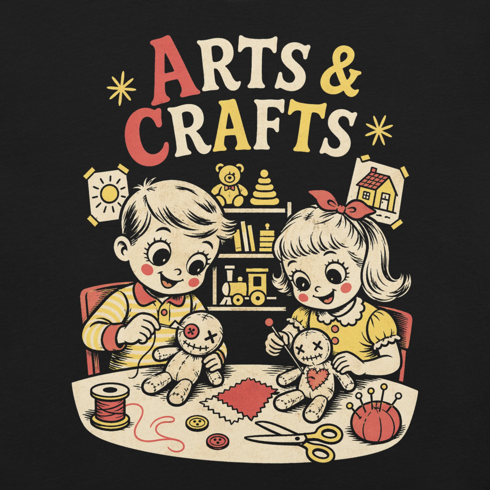 A retro-style graphic t-shirt featuring a creepy-cute voodoo doll with "Arts & Crafts" in stylized, vintage-inspired lettering, perfect for dark humor and goth fans.