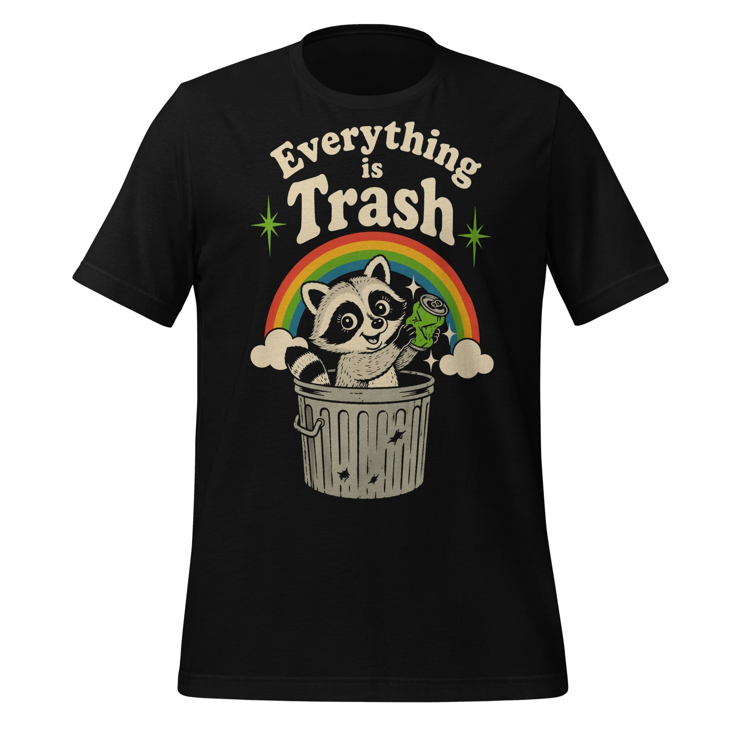A retro 1970s-style graphic t-shirt featuring a cute raccoon sitting under a vibrant rainbow with the text "Everything Is Trash" in vintage-inspired lettering