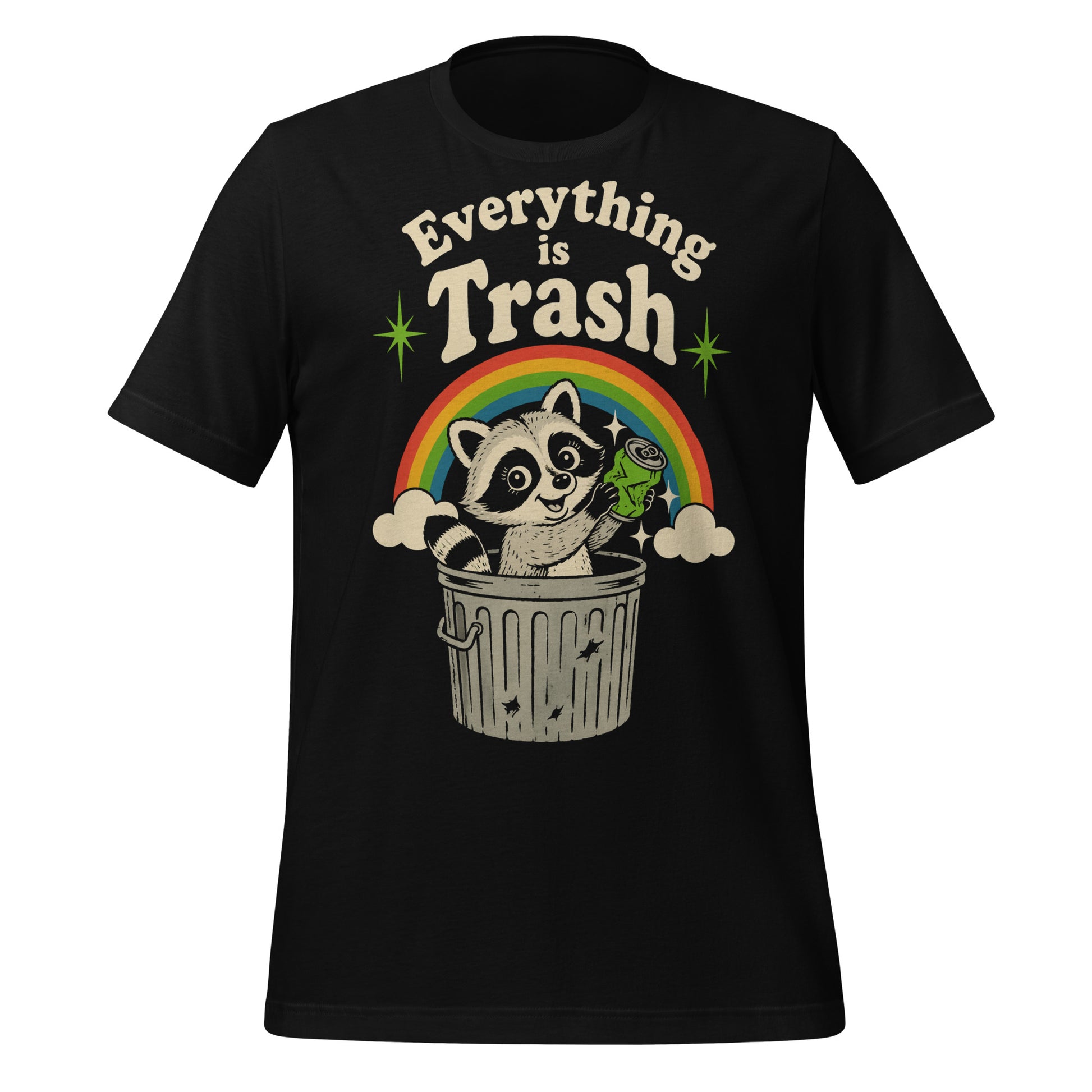 A retro 1970s-style graphic t-shirt featuring a cute raccoon sitting under a vibrant rainbow with the text "Everything Is Trash" in vintage-inspired lettering