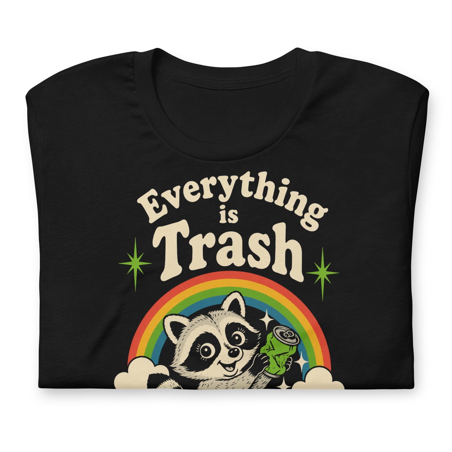 A retro 1970s-style graphic t-shirt featuring a cute raccoon sitting under a vibrant rainbow with the text "Everything Is Trash" in vintage-inspired lettering