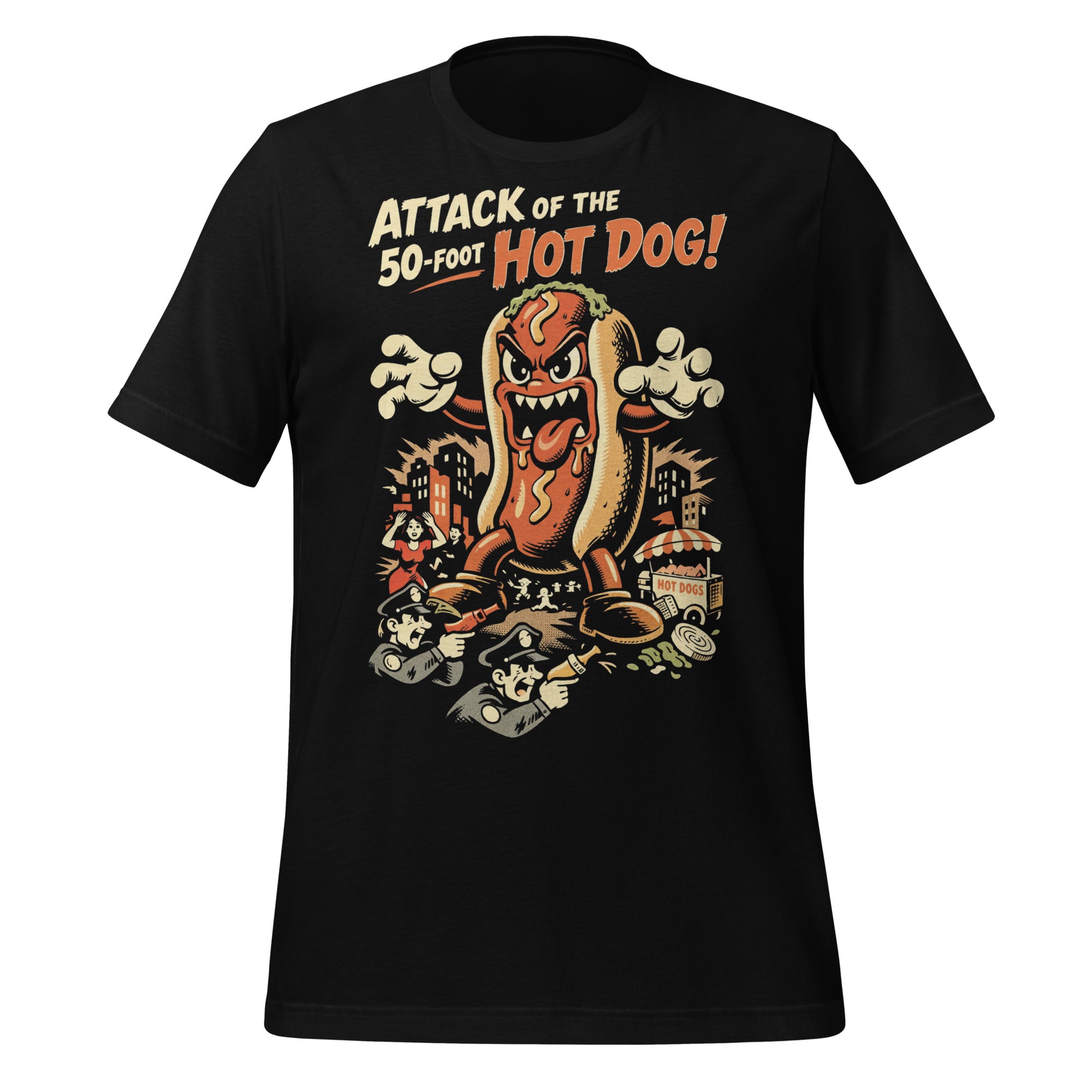 A retro B-movie style graphic t-shirt featuring a giant 50-foot hot dog attacking a vintage city skyline, with campy horror-themed cinematic lettering.