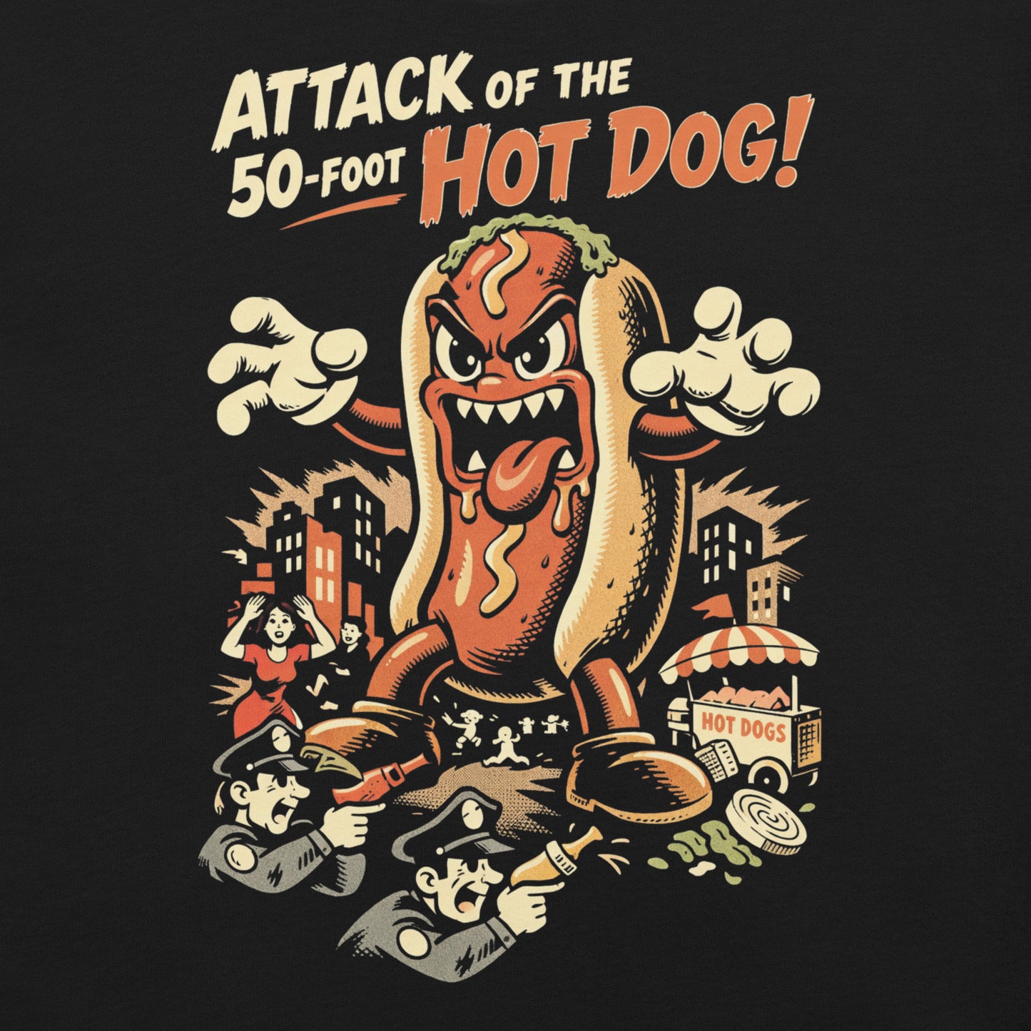 A retro B-movie style graphic t-shirt featuring a giant 50-foot hot dog attacking a vintage city skyline, with campy horror-themed cinematic lettering.