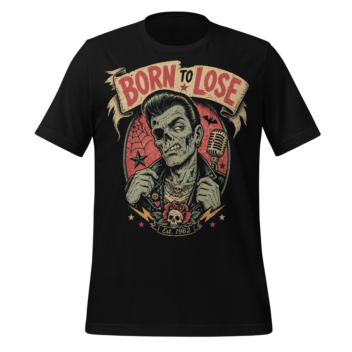 A vintage tattoo flash-style graphic on a black t-shirt featuring a green-skinned zombie monster with a banner that says "Born to Lose"