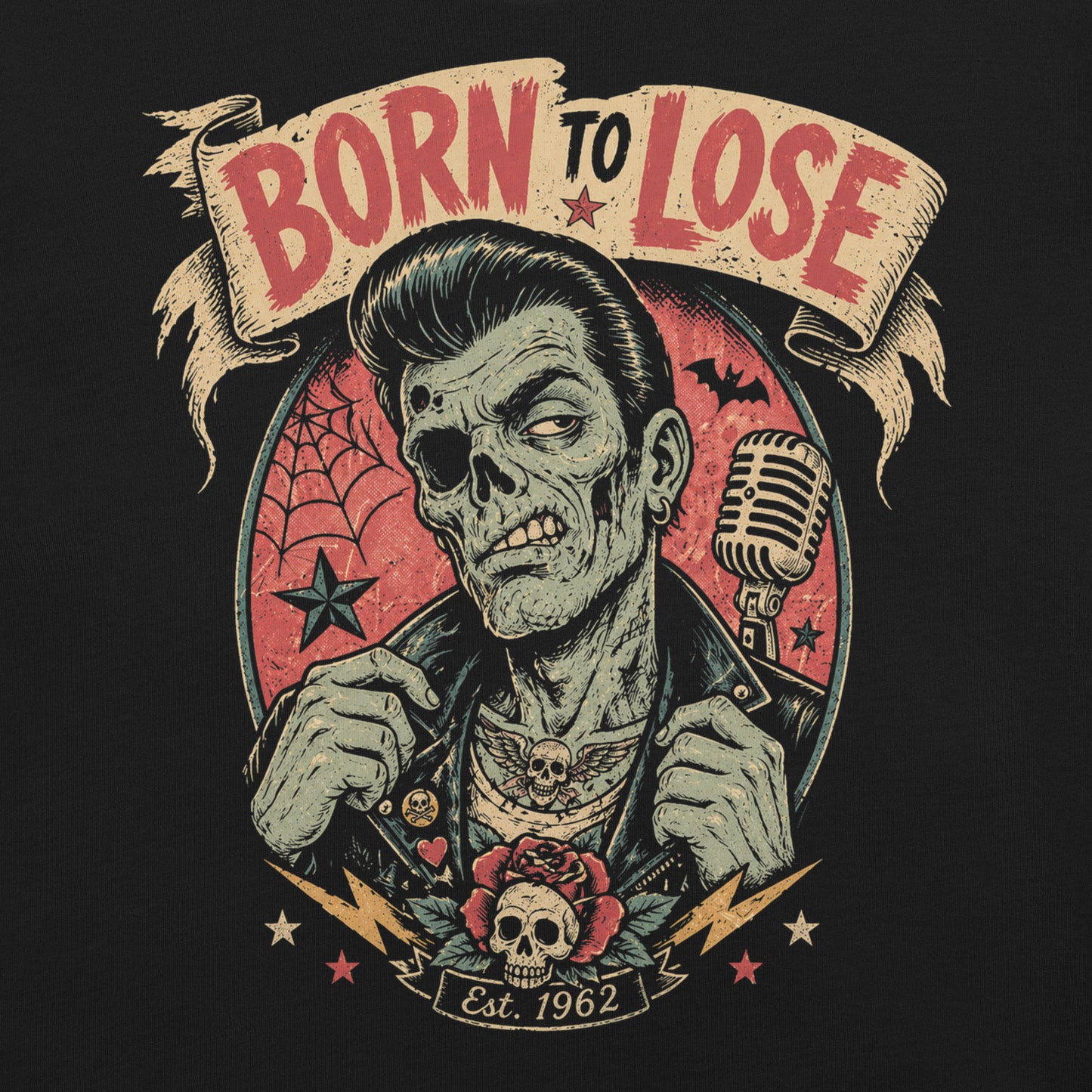 A vintage tattoo flash-style graphic on a black t-shirt featuring a green-skinned zombie monster with a banner that says "Born to Lose"