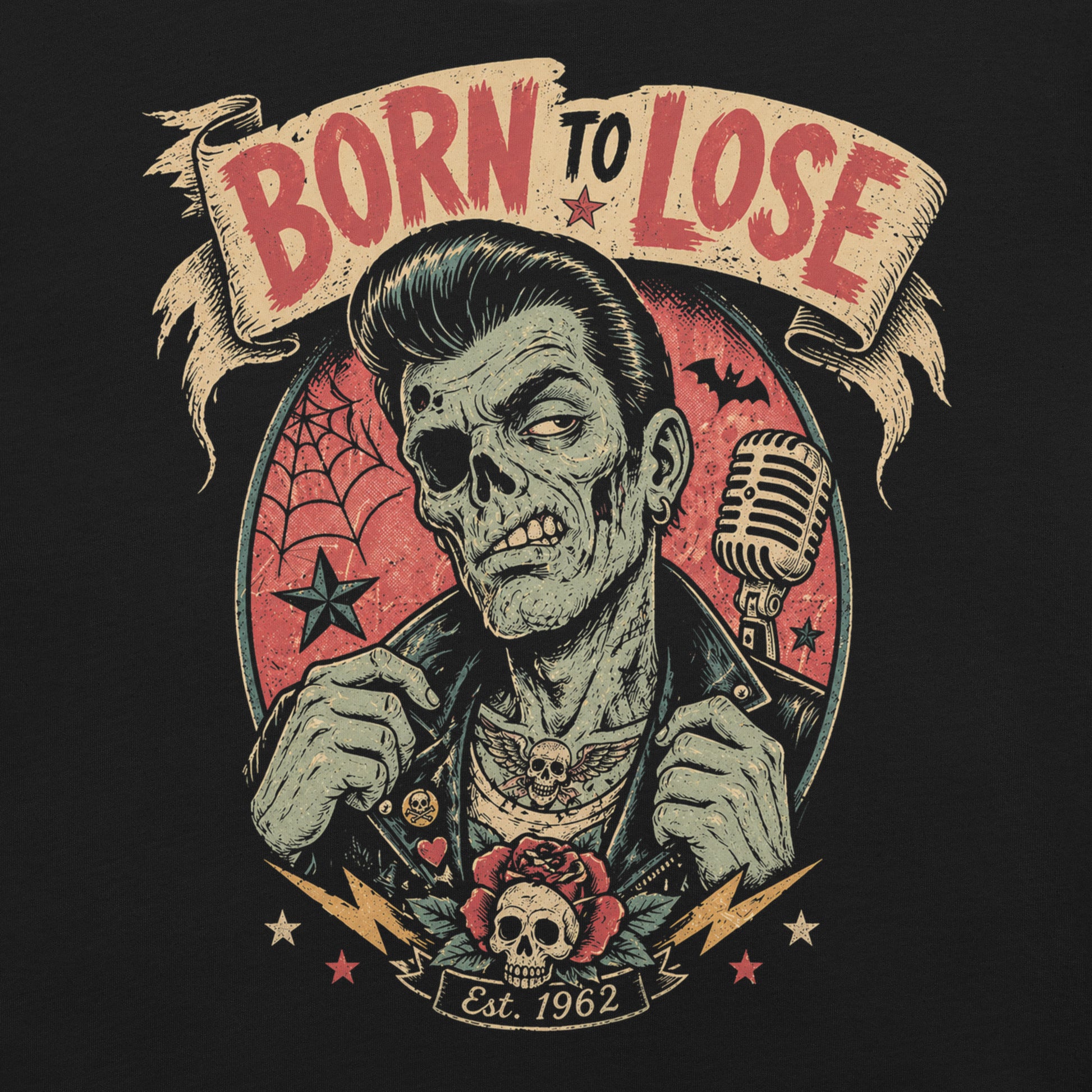 A vintage tattoo flash-style graphic on a black t-shirt featuring a green-skinned zombie monster with a banner that says "Born to Lose"