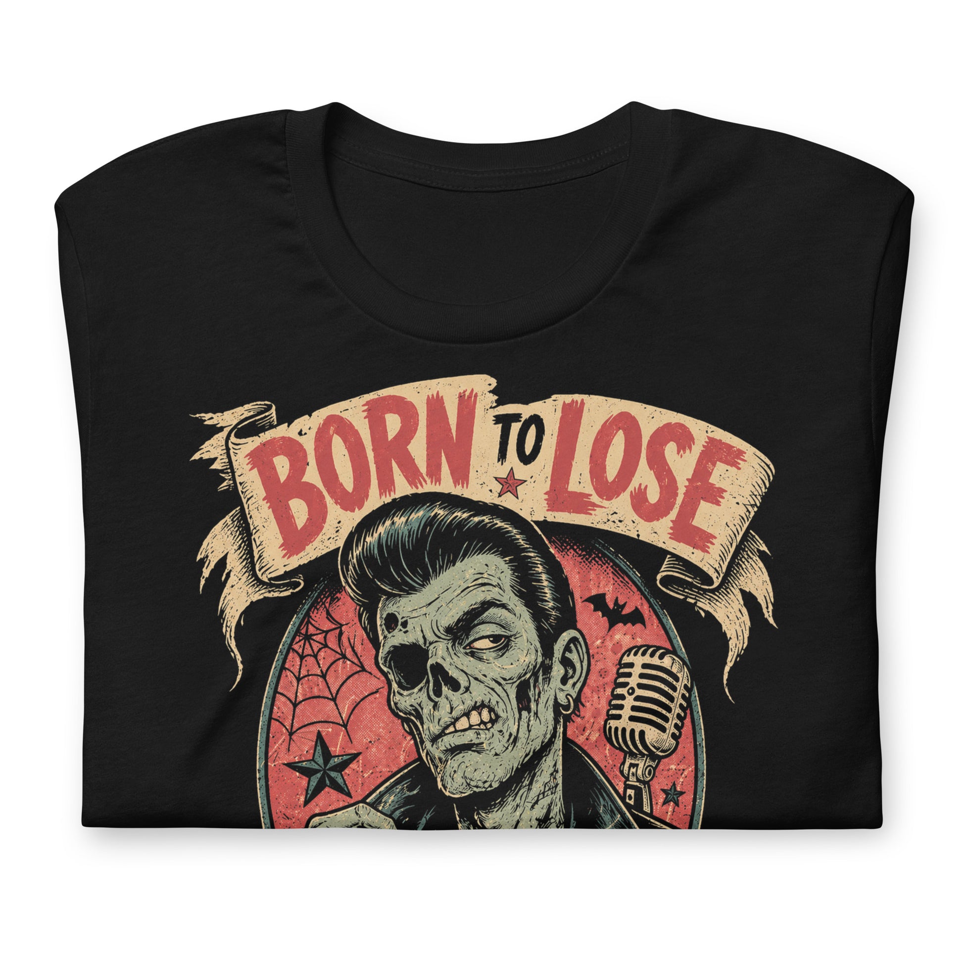 A vintage tattoo flash-style graphic on a black t-shirt featuring a green-skinned zombie monster with a banner that says "Born to Lose"
