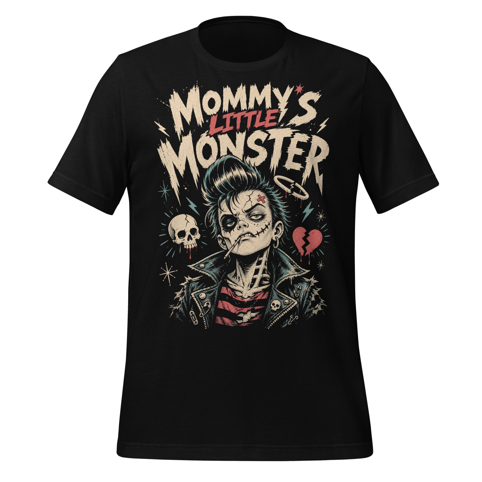 A retro lowbrow-style graphic on a black t-shirt featuring a green-skinned monster child with a black pompadour, stitched facial details, and leather jacket.