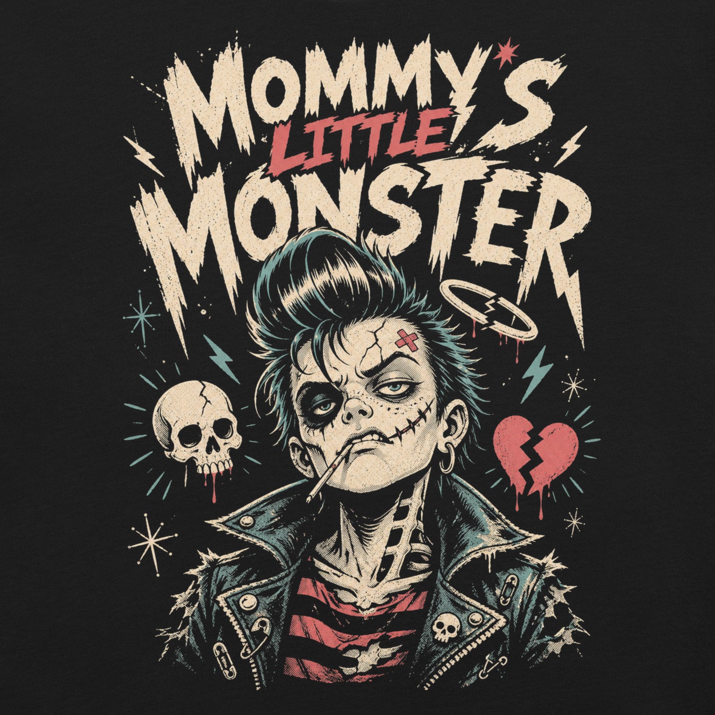 A retro lowbrow-style graphic on a black t-shirt featuring a green-skinned monster child with a black pompadour, stitched facial details, and leather jacket.