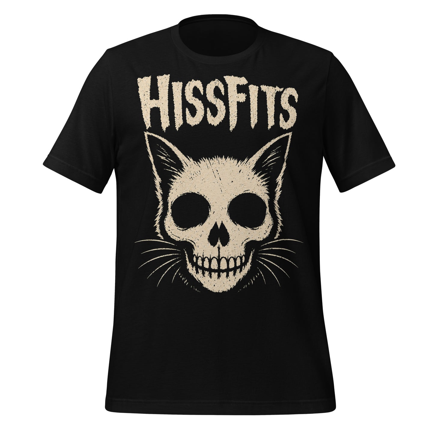 A retro horror-style graphic on a black t-shirt featuring a stylized cat skull with whiskers and pointed ears, with "HISSFITS" in iconic distressed punk-rock lettering.