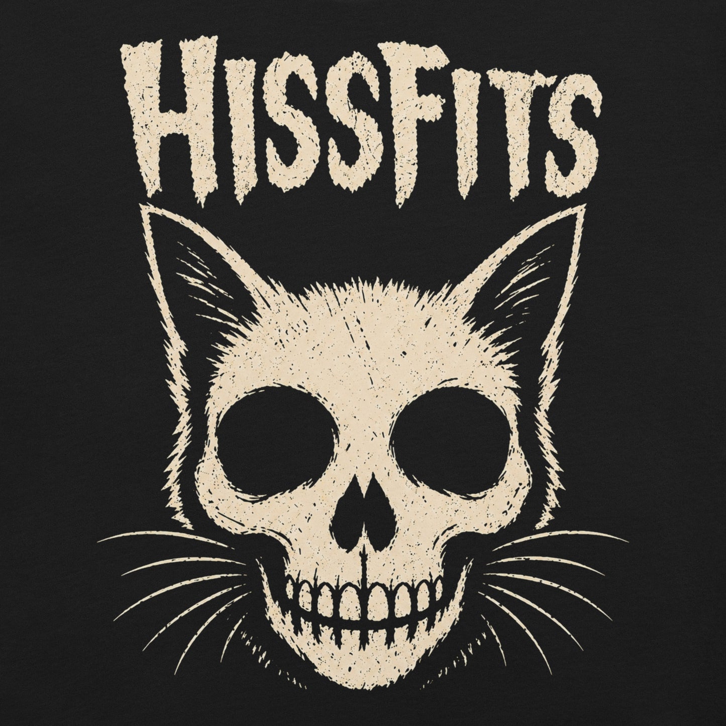 A retro horror-style graphic on a black t-shirt featuring a stylized cat skull with whiskers and pointed ears, with "HISSFITS" in iconic distressed punk-rock lettering.