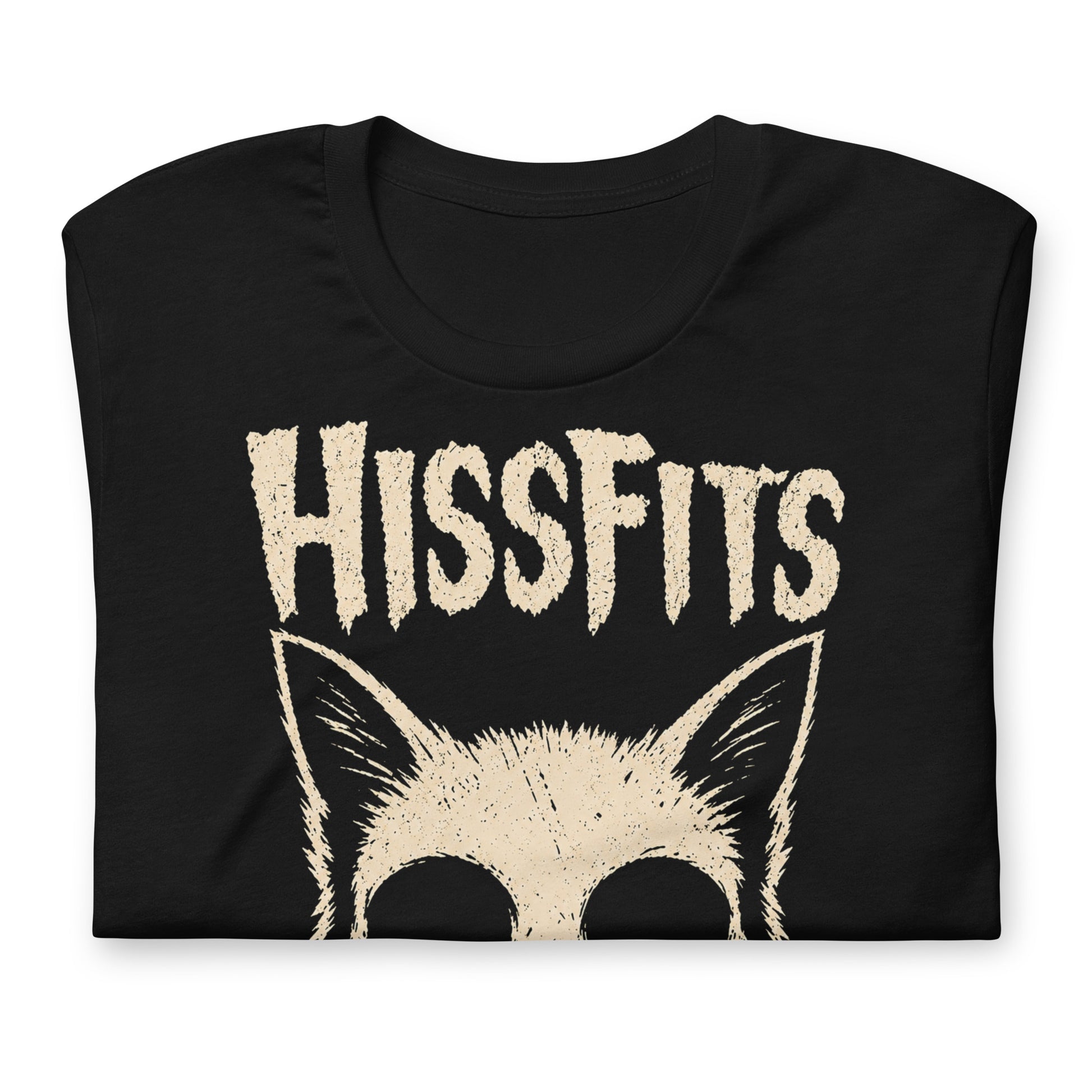 A retro horror-style graphic on a black t-shirt featuring a stylized cat skull with whiskers and pointed ears, with "HISSFITS" in iconic distressed punk-rock lettering.