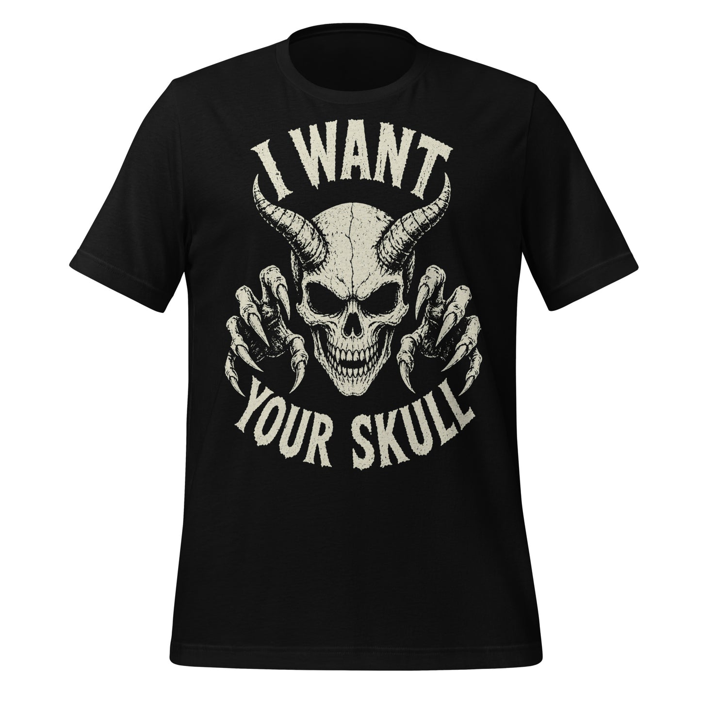 A retro-style graphic on a black t-shirt featuring a detailed horned demon skull with sharp claws and "I WANT YOUR SKULL" in distressed punk-rock lettering.