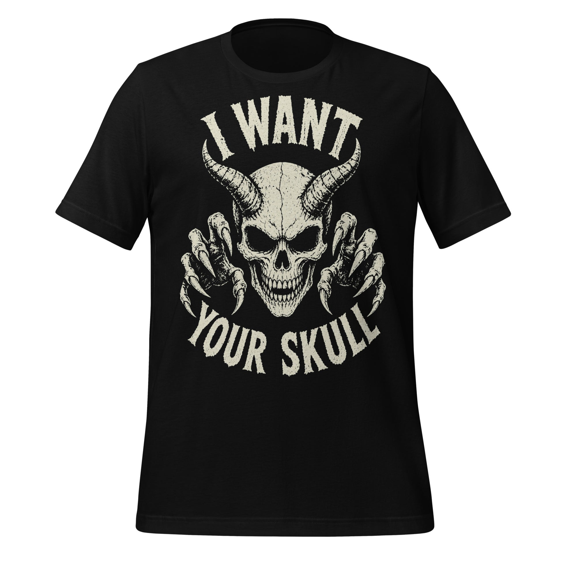 A retro-style graphic on a black t-shirt featuring a detailed horned demon skull with sharp claws and "I WANT YOUR SKULL" in distressed punk-rock lettering.