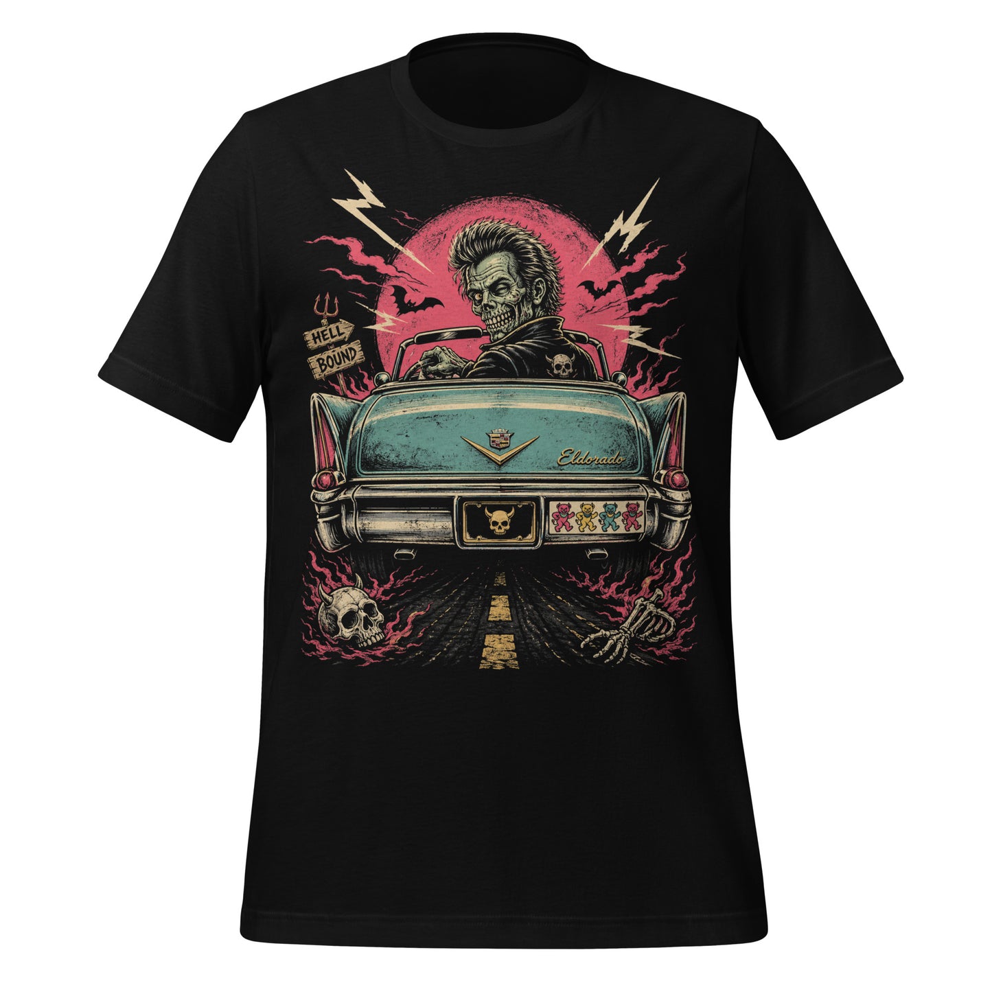  A retro graphic on a black t-shirt featuring a horror punk zombie driver and the rear end of a vintage Cadillac with grateful dead bumper sticker