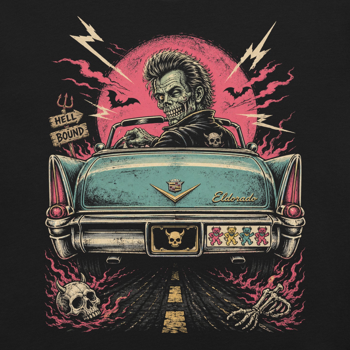  A retro graphic on a black t-shirt featuring a horror punk zombie driver and the rear end of a vintage Cadillac with grateful dead bumper sticker
