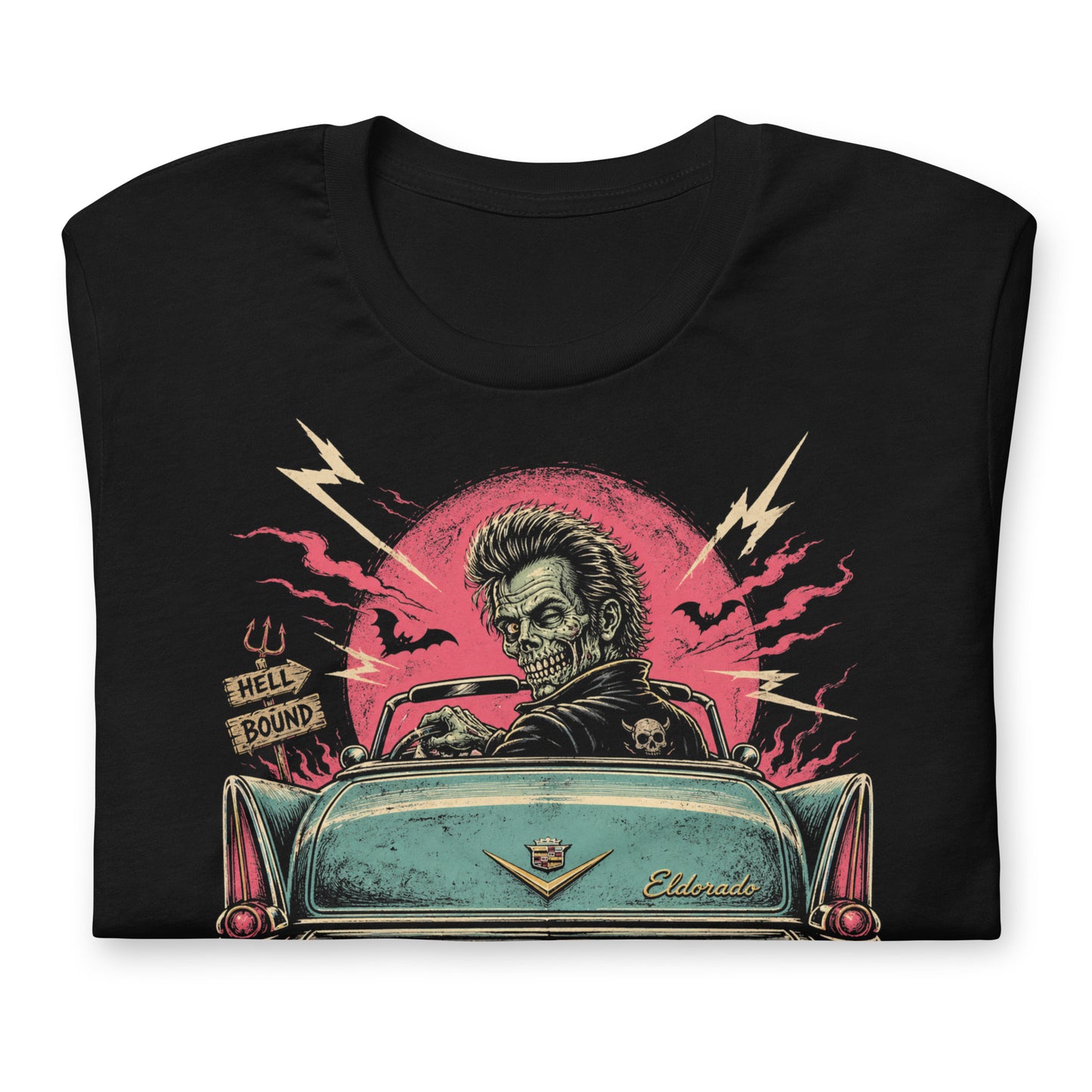  A retro graphic on a black t-shirt featuring a horror punk zombie driver and the rear end of a vintage Cadillac with grateful dead bumper sticker
