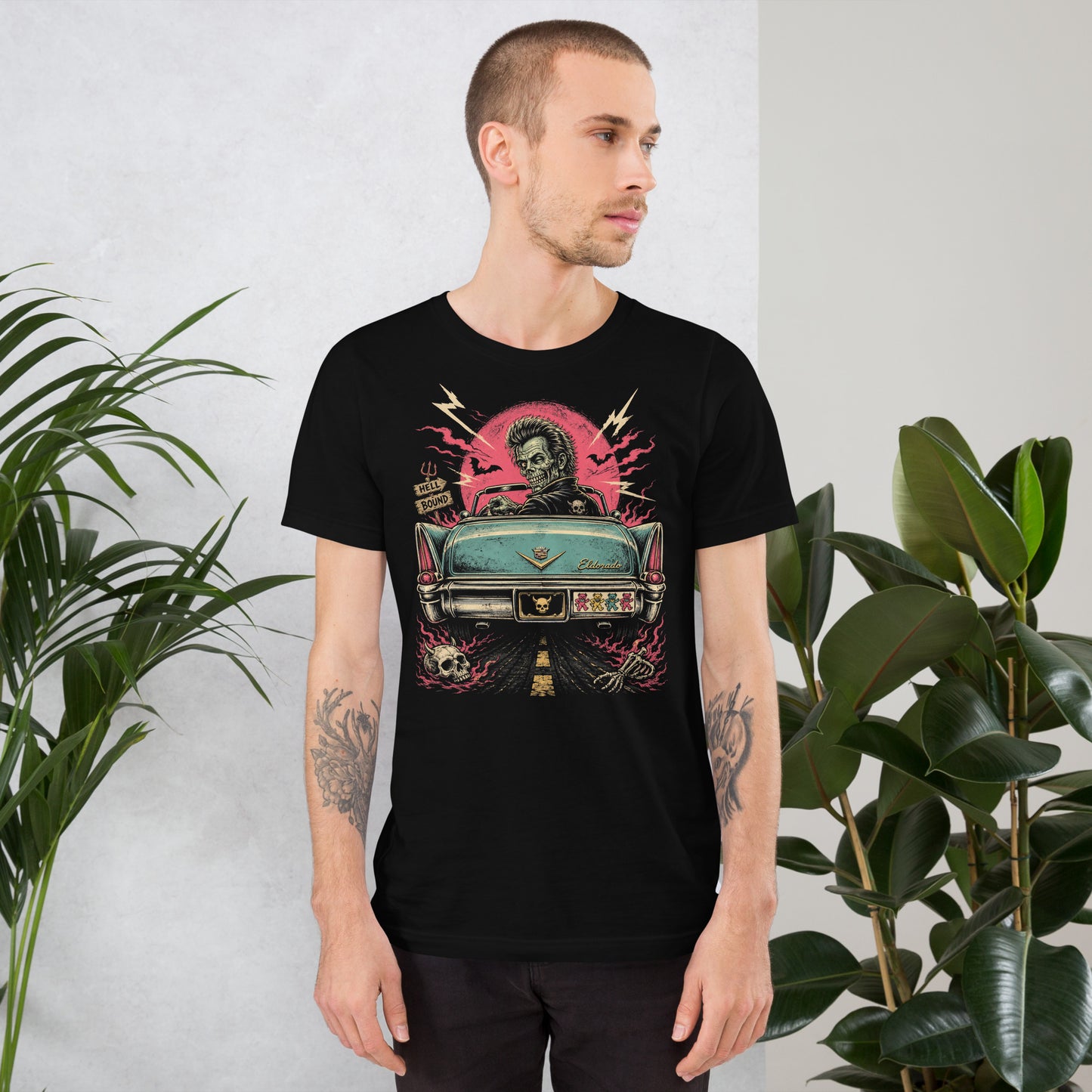  A retro graphic on a black t-shirt featuring a horror punk zombie driver and the rear end of a vintage Cadillac with grateful dead bumper sticker