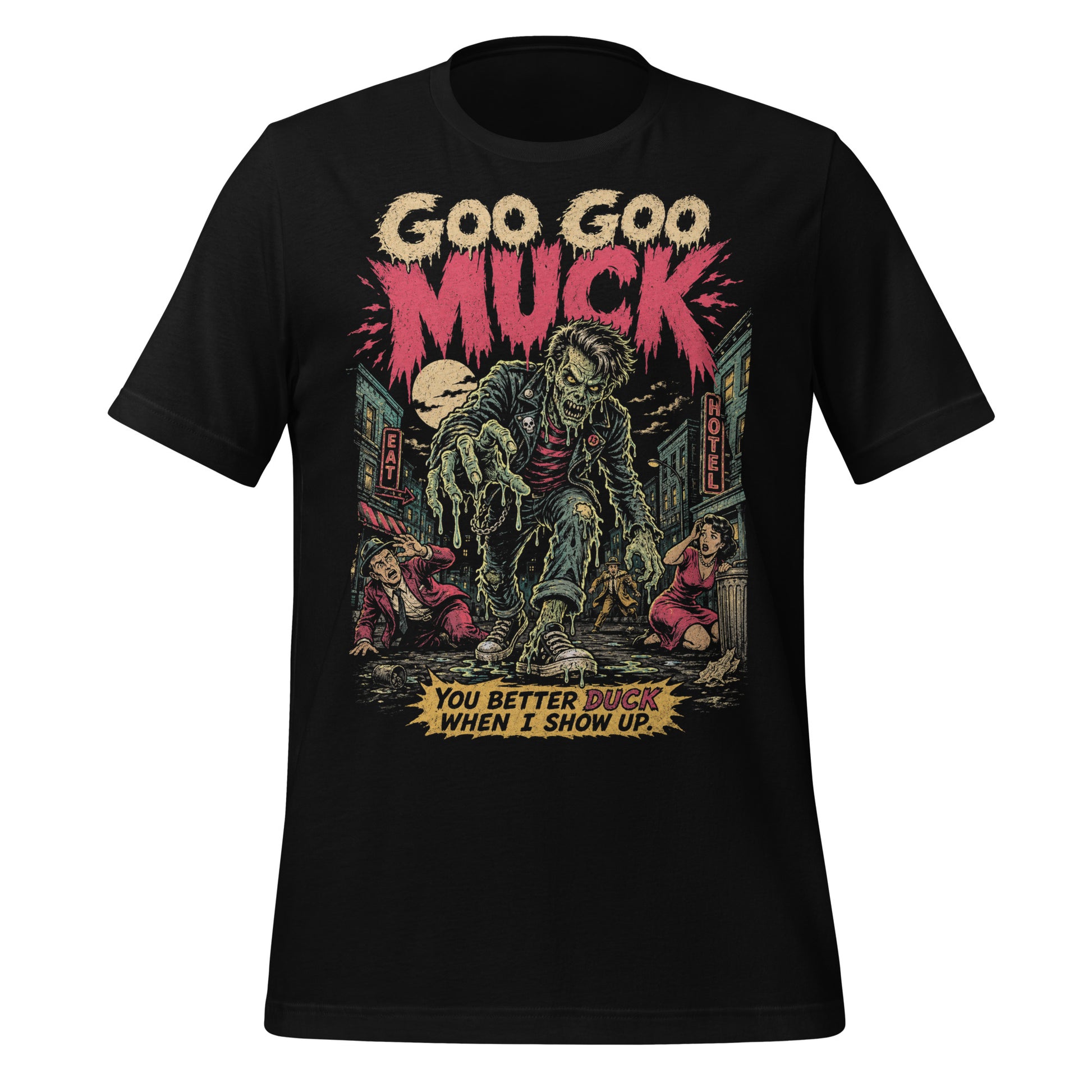 A retro-style graphic on a black t-shirt featuring a teenage monster with a pompadour, wearing a red and black striped shirt and a black leather jacket, with "GOO GOO MUCK" in distressed lettering.