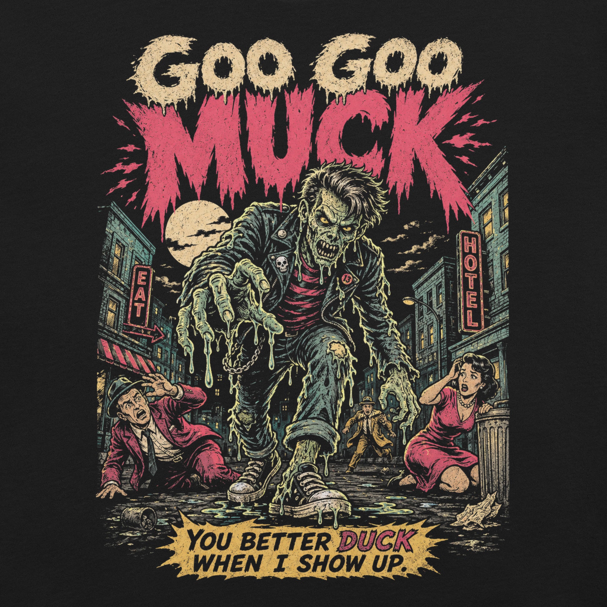 A retro-style graphic on a black t-shirt featuring a teenage monster with a pompadour, wearing a red and black striped shirt and a black leather jacket, with "GOO GOO MUCK" in distressed lettering.