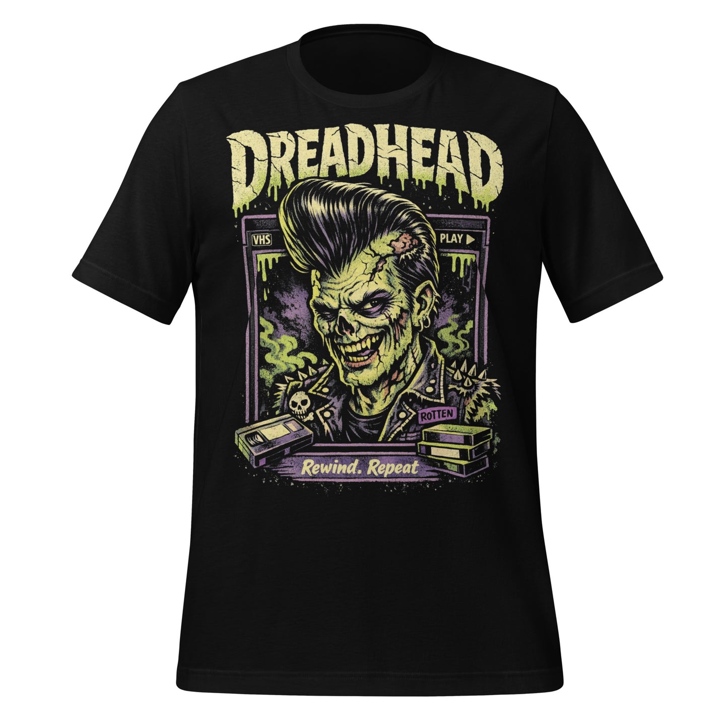 A retro 80s horror-style graphic on a black t-shirt featuring a zombie greaser with a pompadour and "Dreadhead" and "Rewind Repeat" in distressed VHS-style lettering.