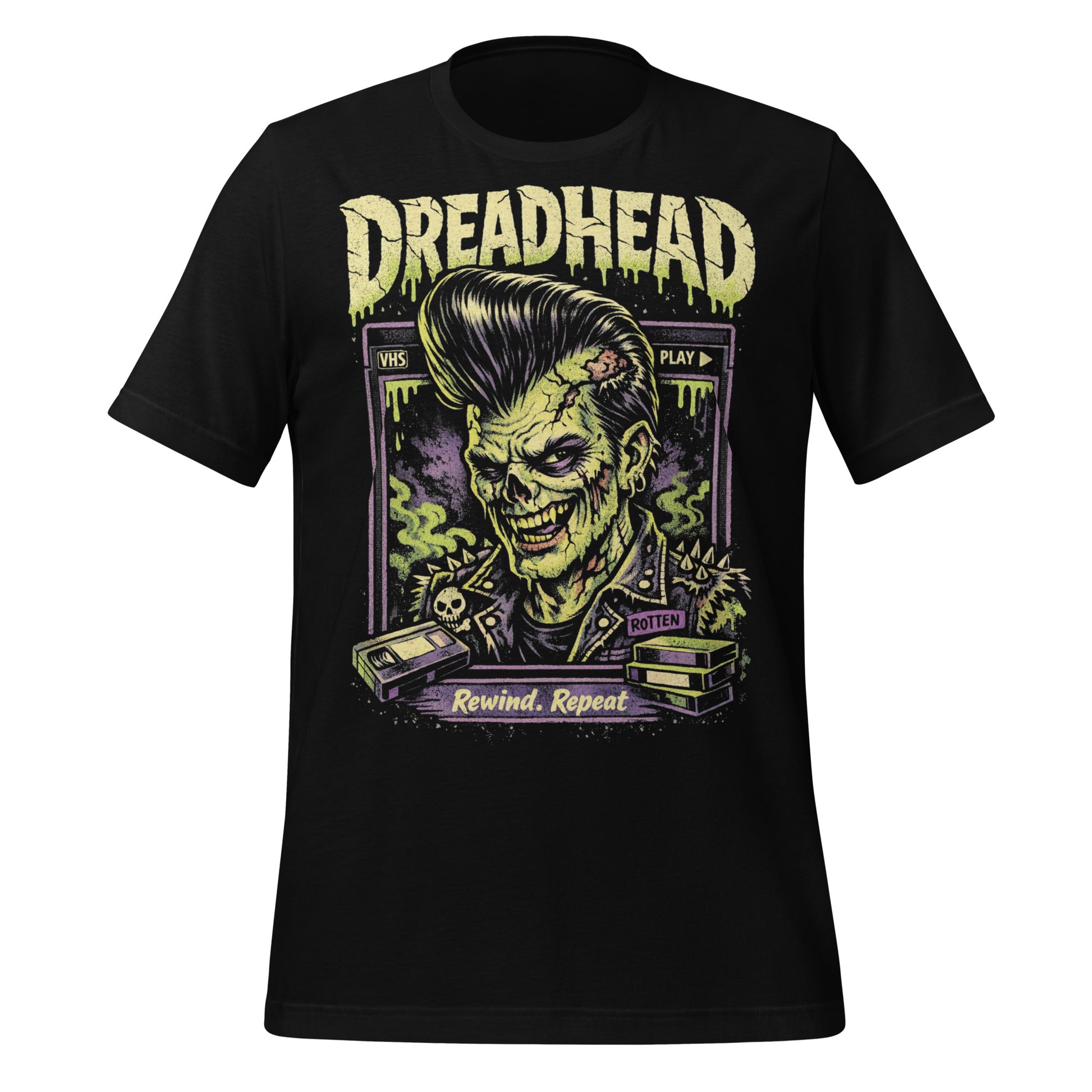 A retro 80s horror-style graphic on a black t-shirt featuring a zombie greaser with a pompadour and "Dreadhead" and "Rewind Repeat" in distressed VHS-style lettering.