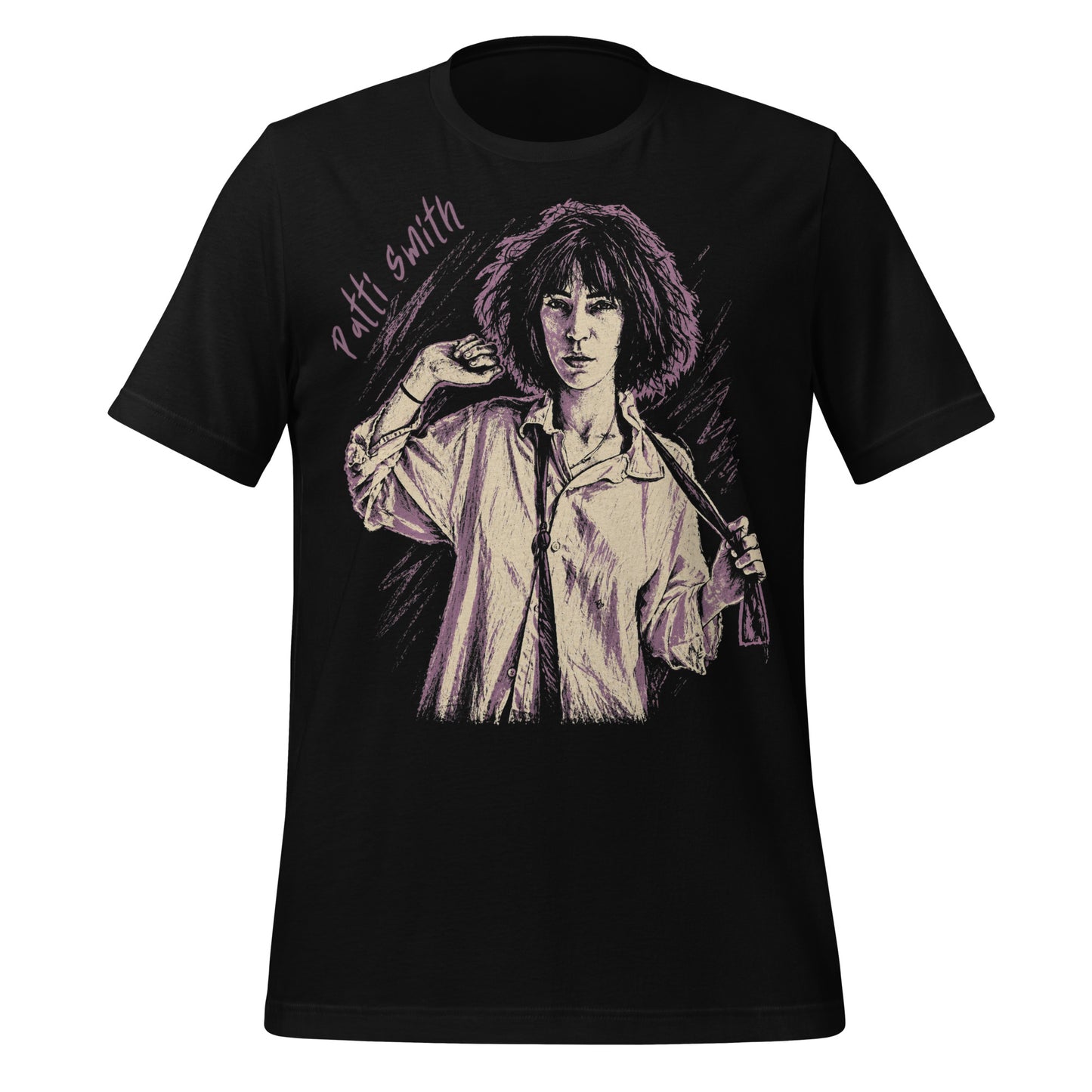 A gritty, high-contrast artistic portrait of Patti Smith on a black t-shirt, capturing her iconic 1970s punk poetess aesthetic.