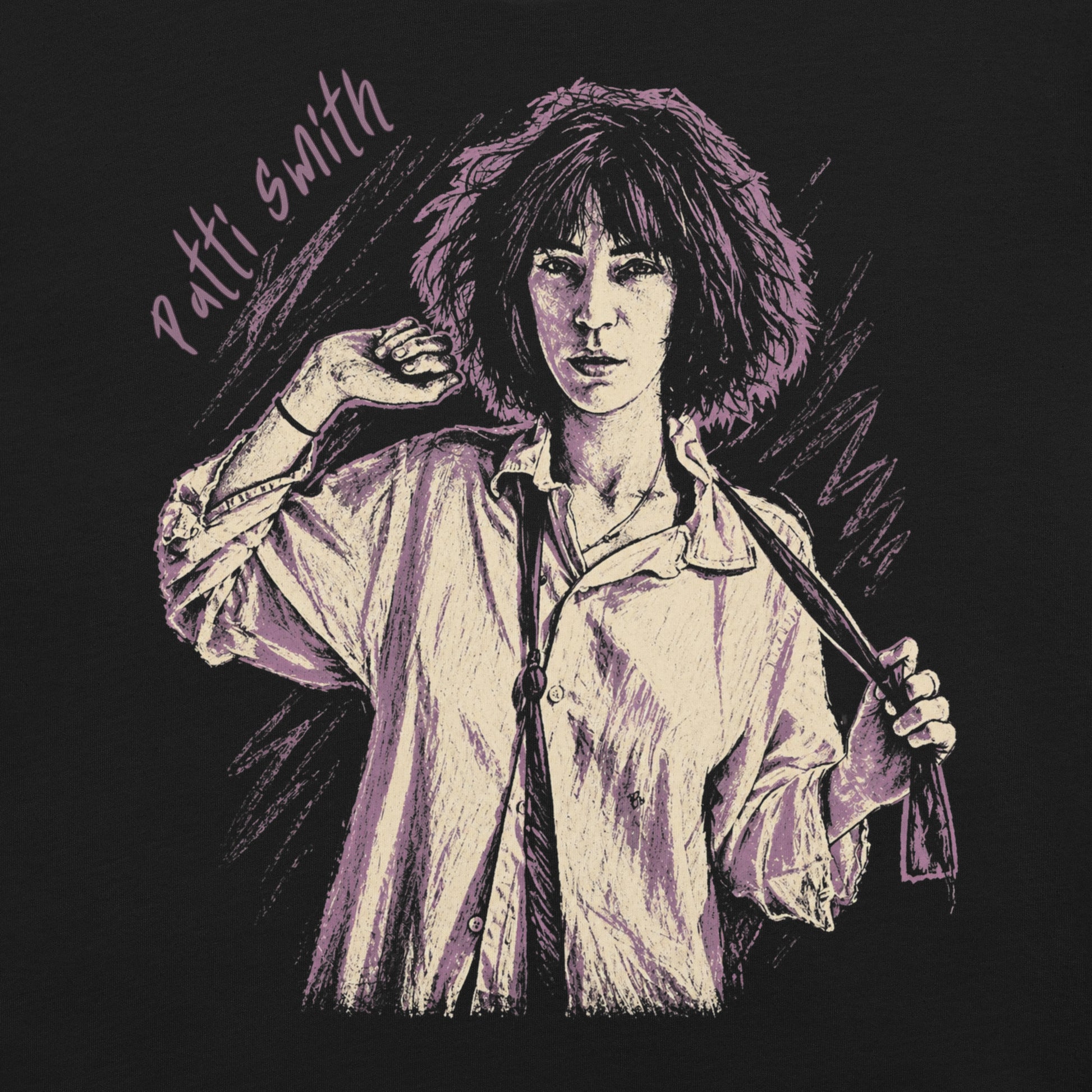 A gritty, high-contrast artistic portrait of Patti Smith on a black t-shirt, capturing her iconic 1970s punk poetess aesthetic.