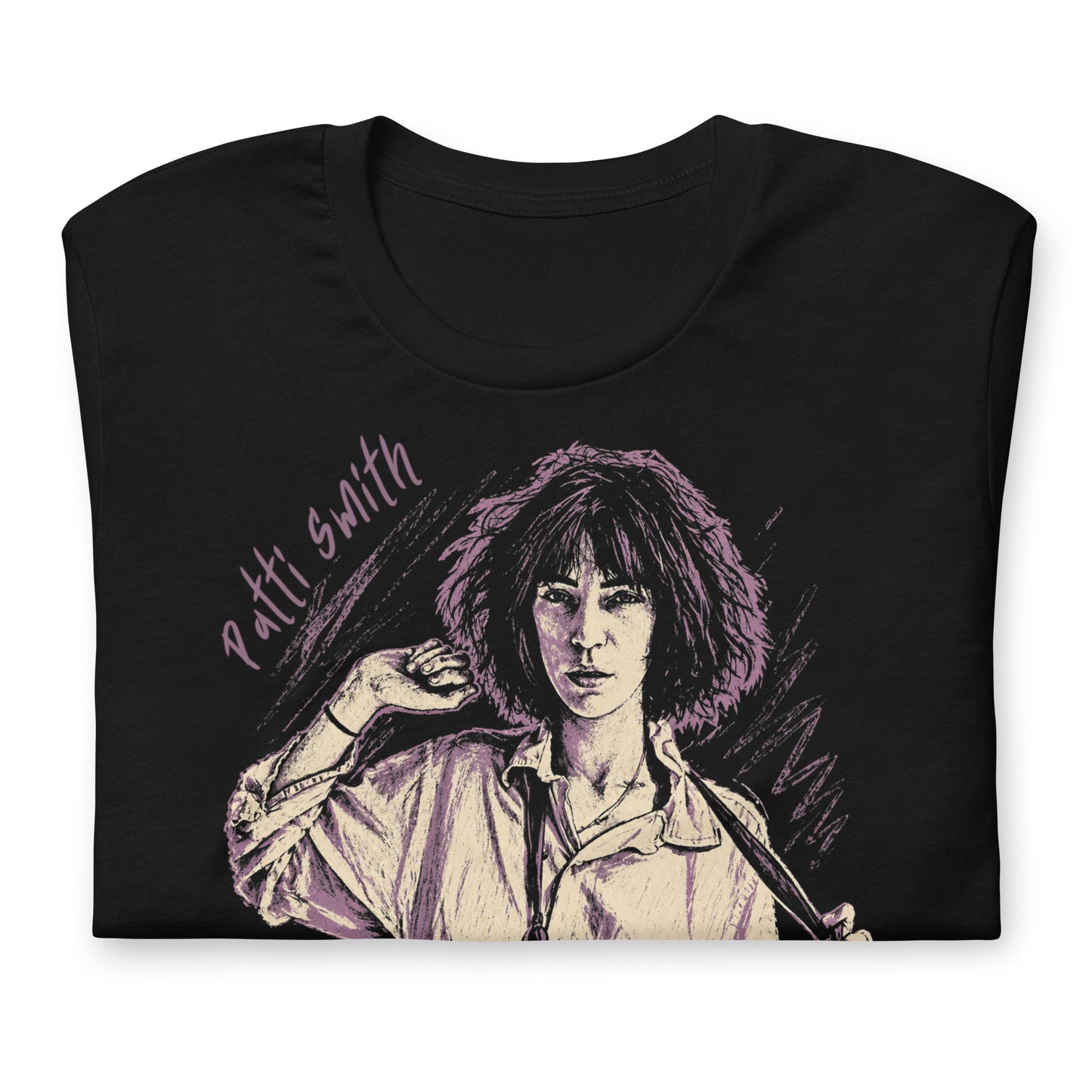A gritty, high-contrast artistic portrait of Patti Smith on a black t-shirt, capturing her iconic 1970s punk poetess aesthetic.