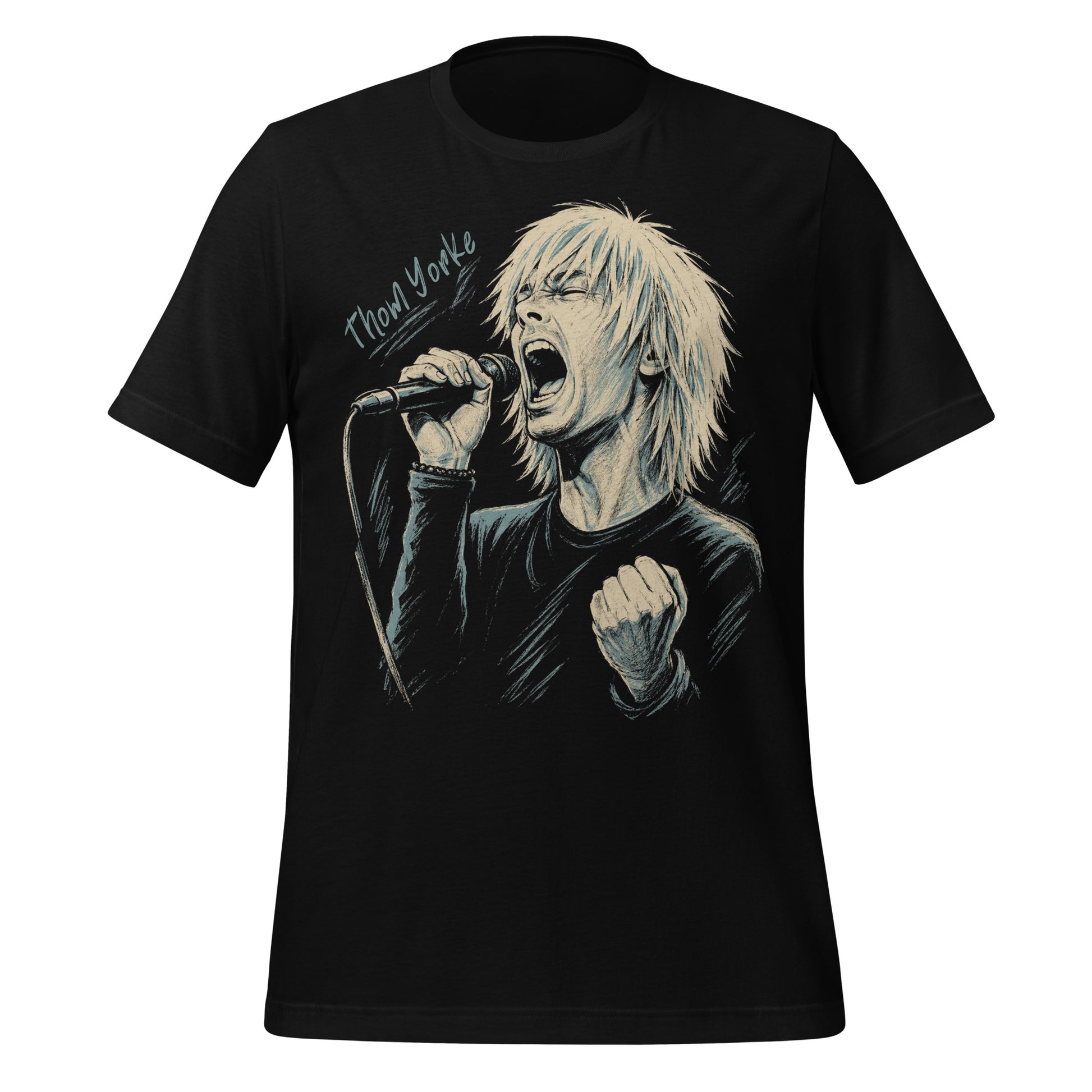 A stylized, high-contrast artistic portrait of Thom Yorke on a black t-shirt, capturing his iconic expressive features and indie rock aesthetic.