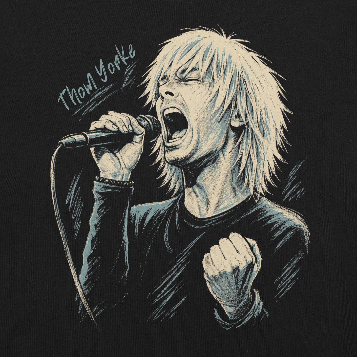 A stylized, high-contrast artistic portrait of Thom Yorke on a black t-shirt, capturing his iconic expressive features and indie rock aesthetic.