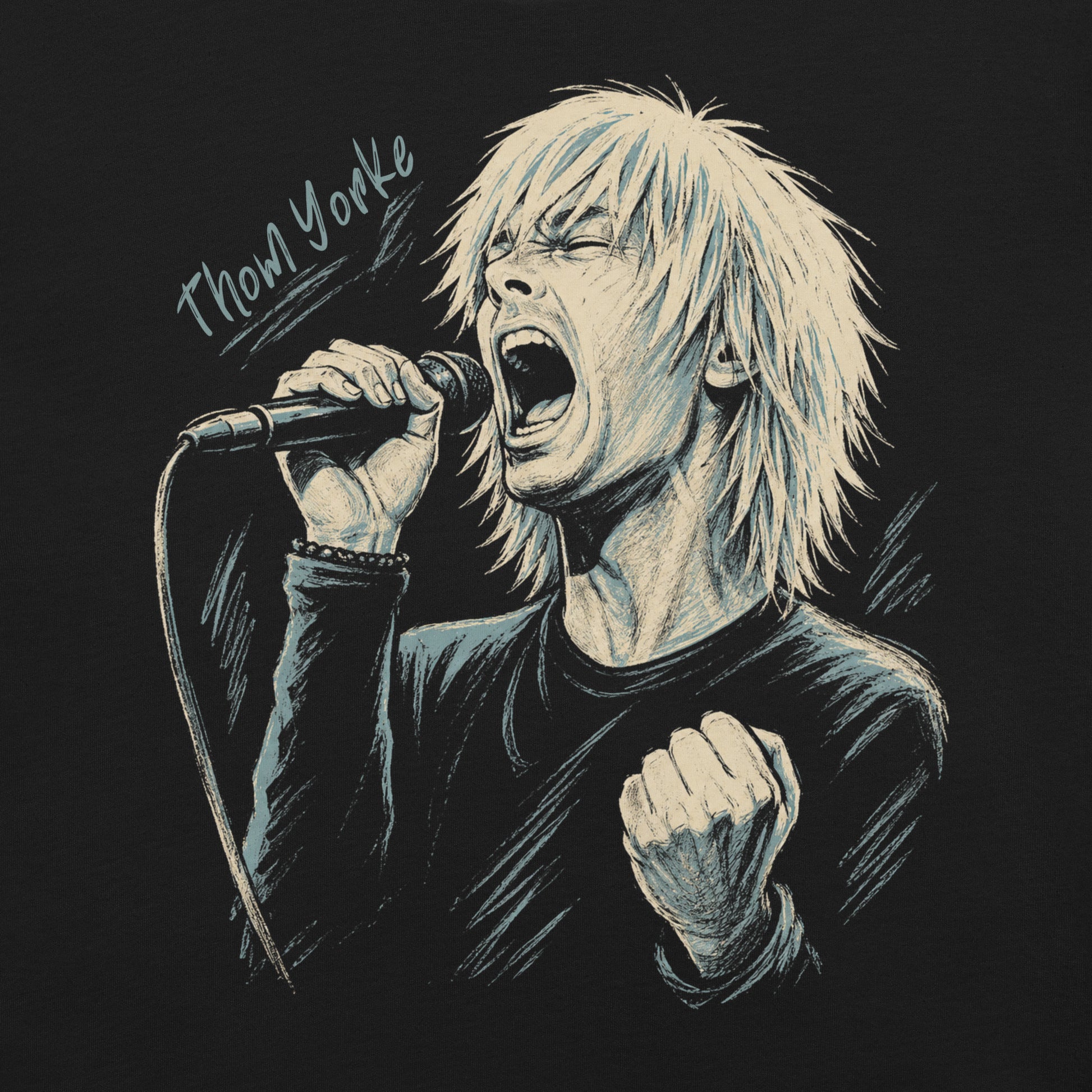 A stylized, high-contrast artistic portrait of Thom Yorke on a black t-shirt, capturing his iconic expressive features and indie rock aesthetic.